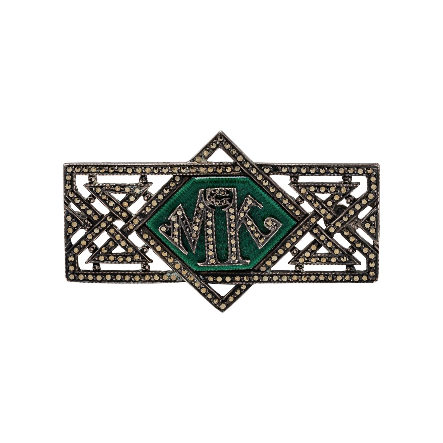 COLLECTION OF MARCASITE JEWELRY WITH MONOGRAMMED PIN