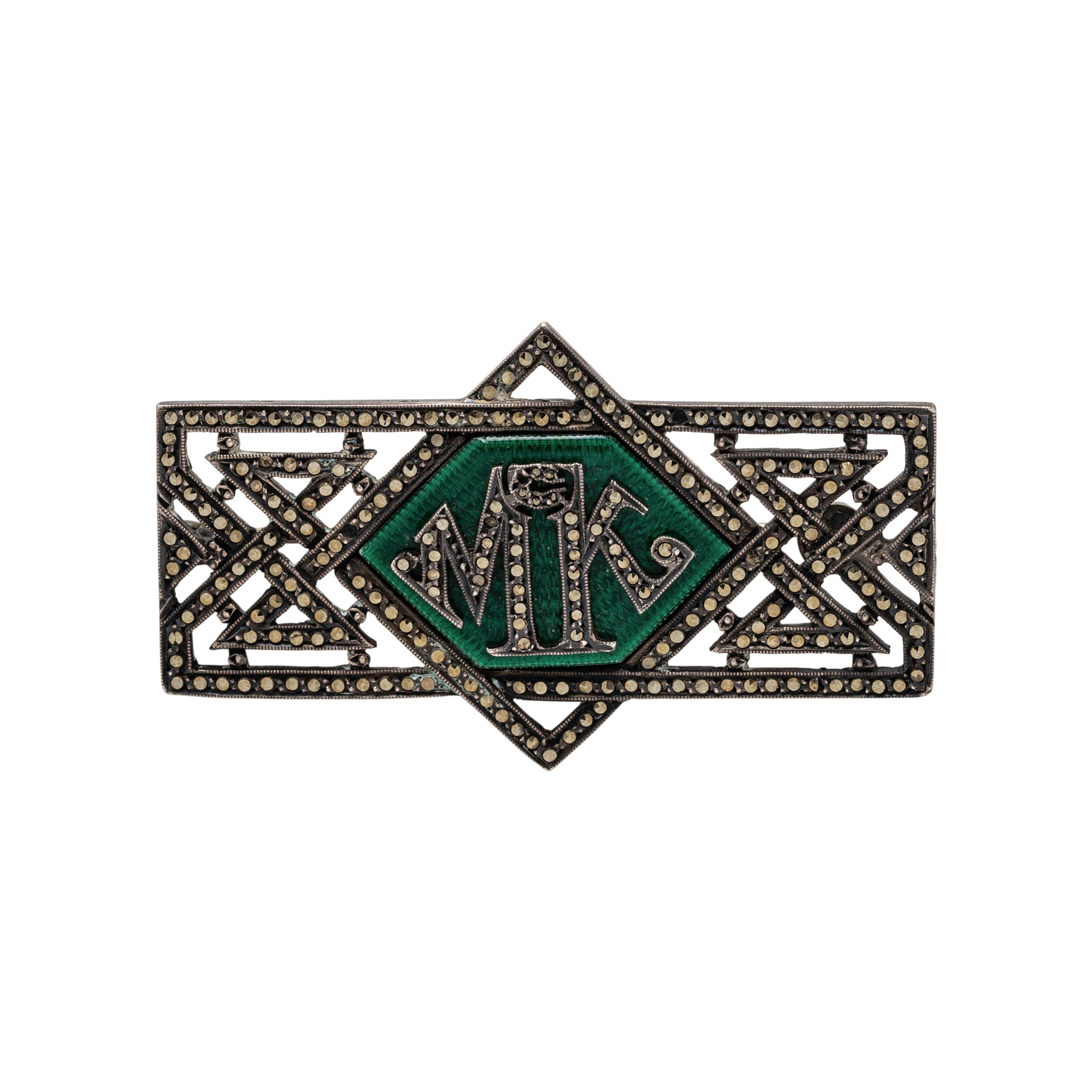 COLLECTION OF MARCASITE JEWELRY WITH MONOGRAMMED PIN
