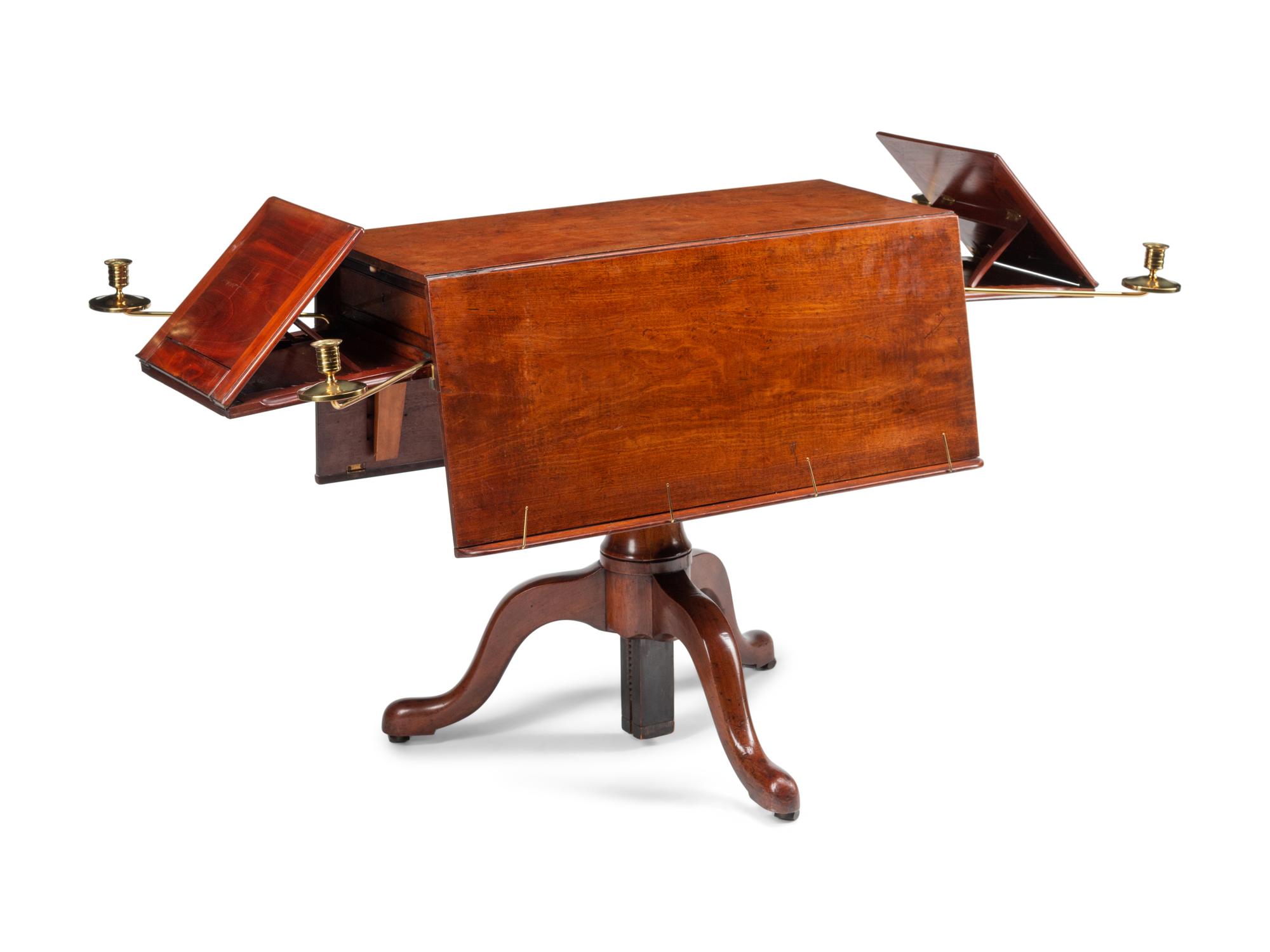 A George III Mahogany Drop-Leaf Telescoping Quartet Stand with Brass Candle Arms