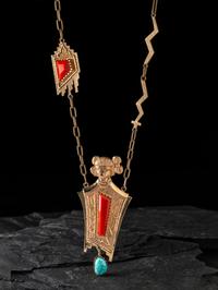 14K Gold Tufa Cast Necklace, with Turquoise and Coral Inlay