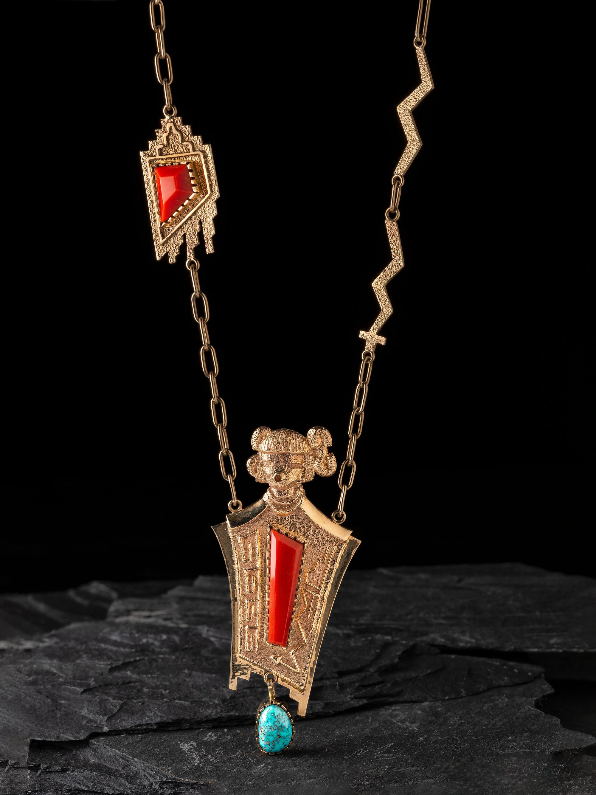 14K Gold Tufa Cast Necklace, with Turquoise and Coral Inlay