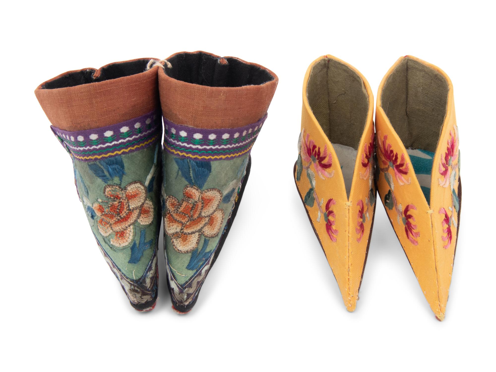 Two Pairs of Chinese Embroidered Lady's 'Lotus' Shoes