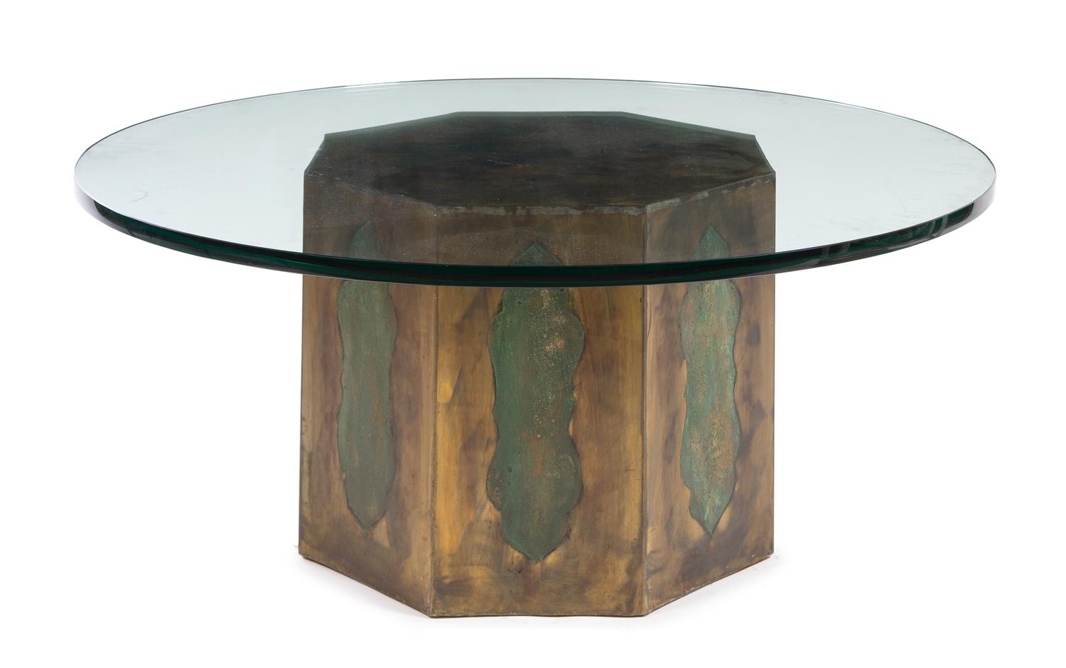 A Brass Clad Octagonal Low Table, Laverne Height 16 1/2 x diameter 21 inches. — SECOND HALF 20TH CENTURY