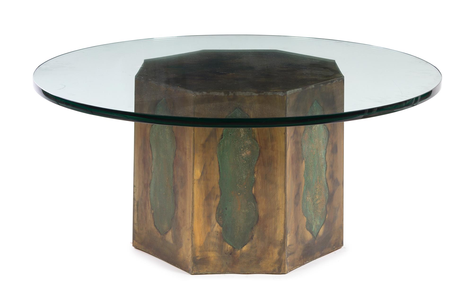 A Brass Clad Octagonal Low Table, Laverne Height 16 1/2 x diameter 21 inches. — SECOND HALF 20TH CENTURY