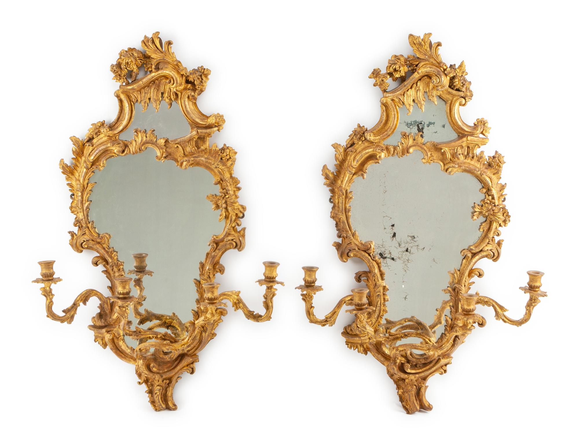 A Pair of Rococo Style Giltwood Girandole Mirrors