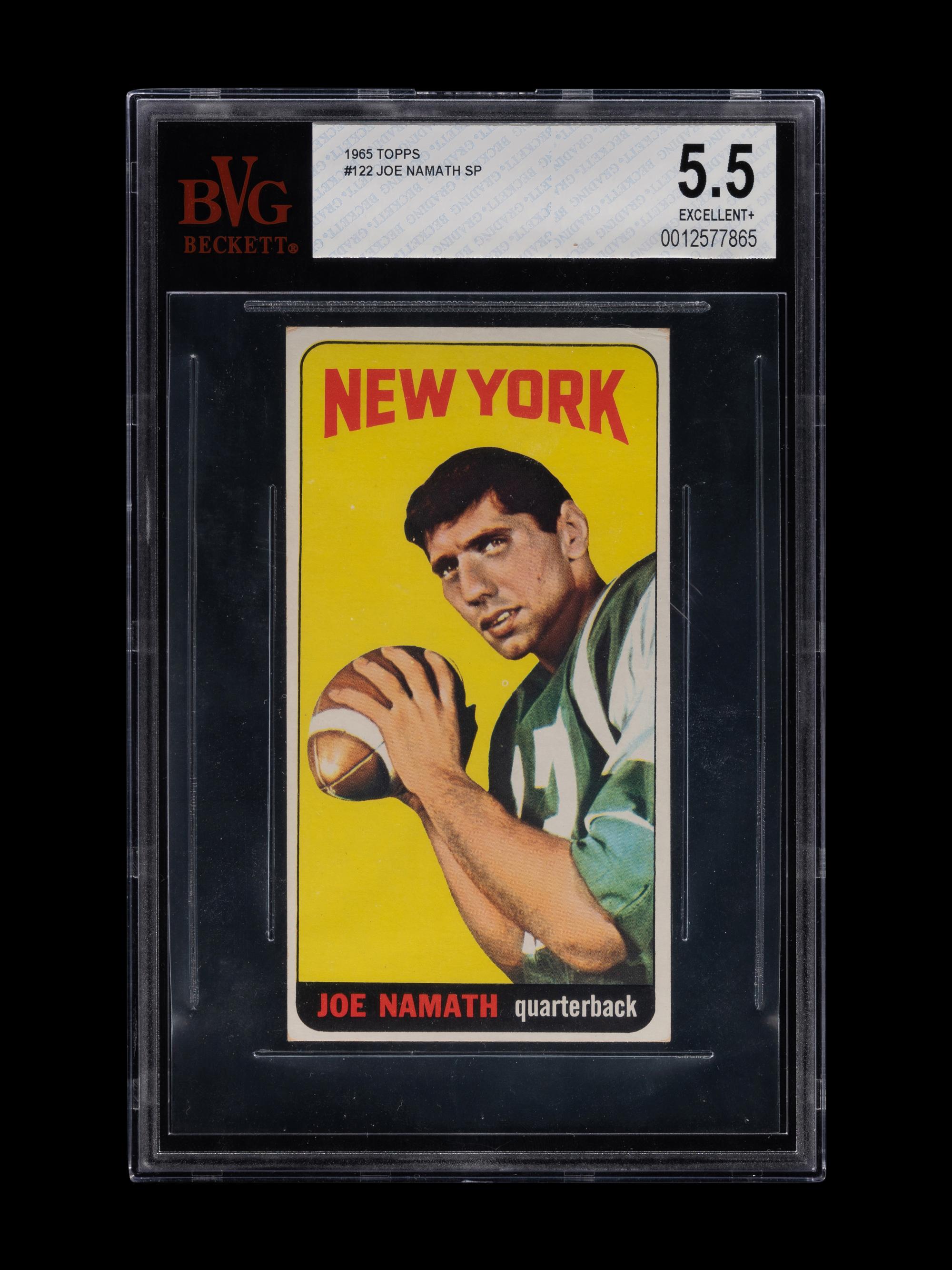 A 1965 Topps Joe Namath Rookie Football Card No. 122 (BVG 5.5 EXCELLENT +)