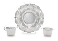 A German Silver-Plate Dish and Matching Creamer and Sugar Bowl, Maker's Mark Two Horse Heads, 20th Century, each having a spot-hammered