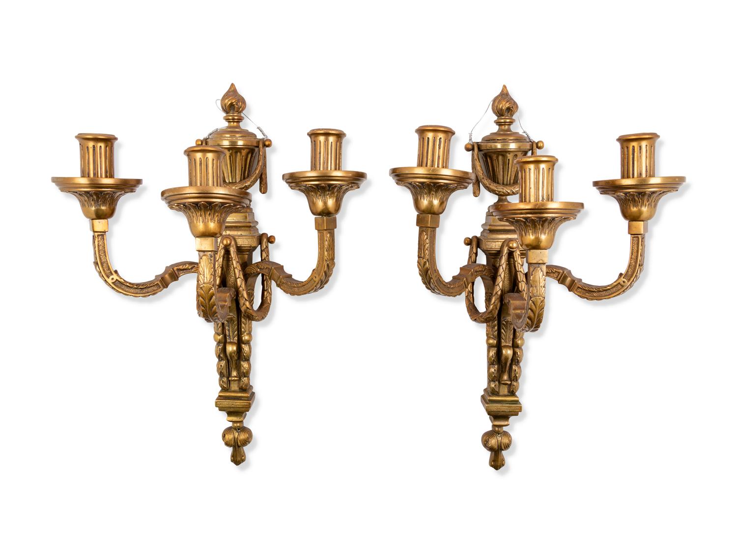 A Pair of Louis XVI Style Gilt Bronze Two-Light Sconces
