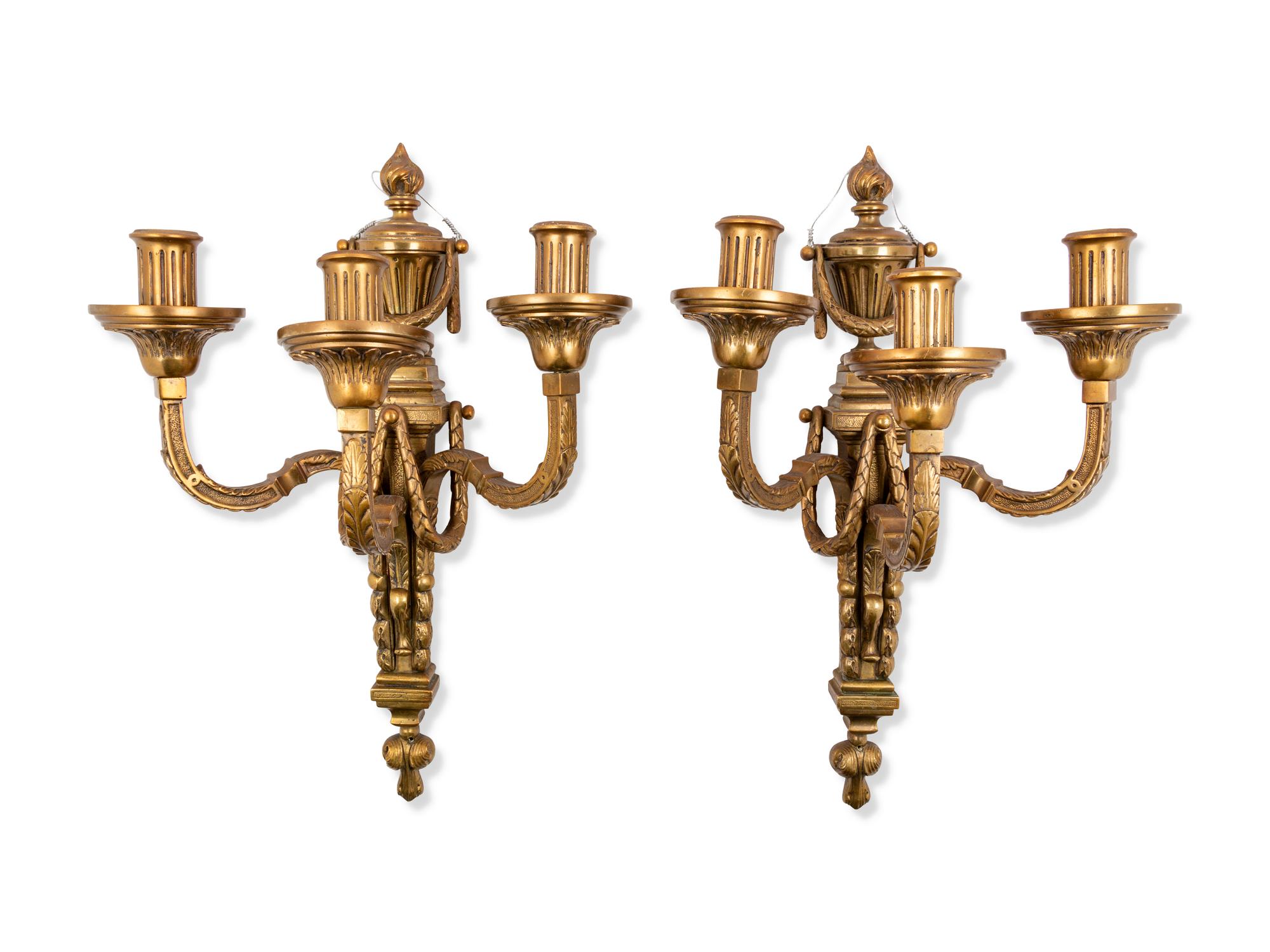 A Pair of Louis XVI Style Gilt Bronze Two-Light Sconces