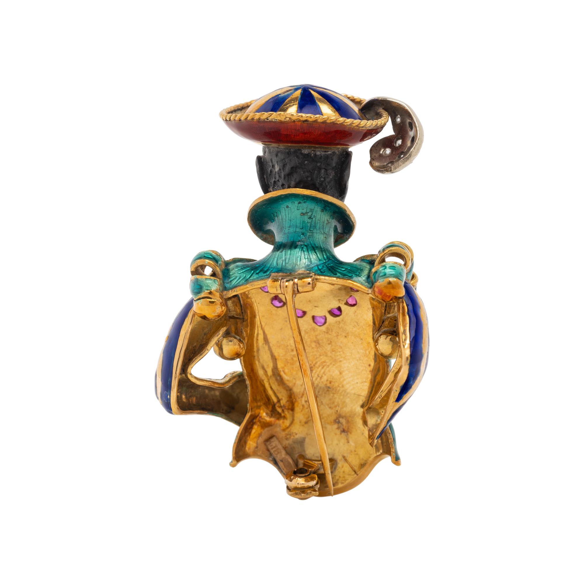DIAMOND, RUBY AND ENAMEL BLACKAMOOR BROOCH