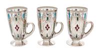 Three Art Nouveau Enameled and Silver Overlay Glass Mugs Height 5 1/4 inches.