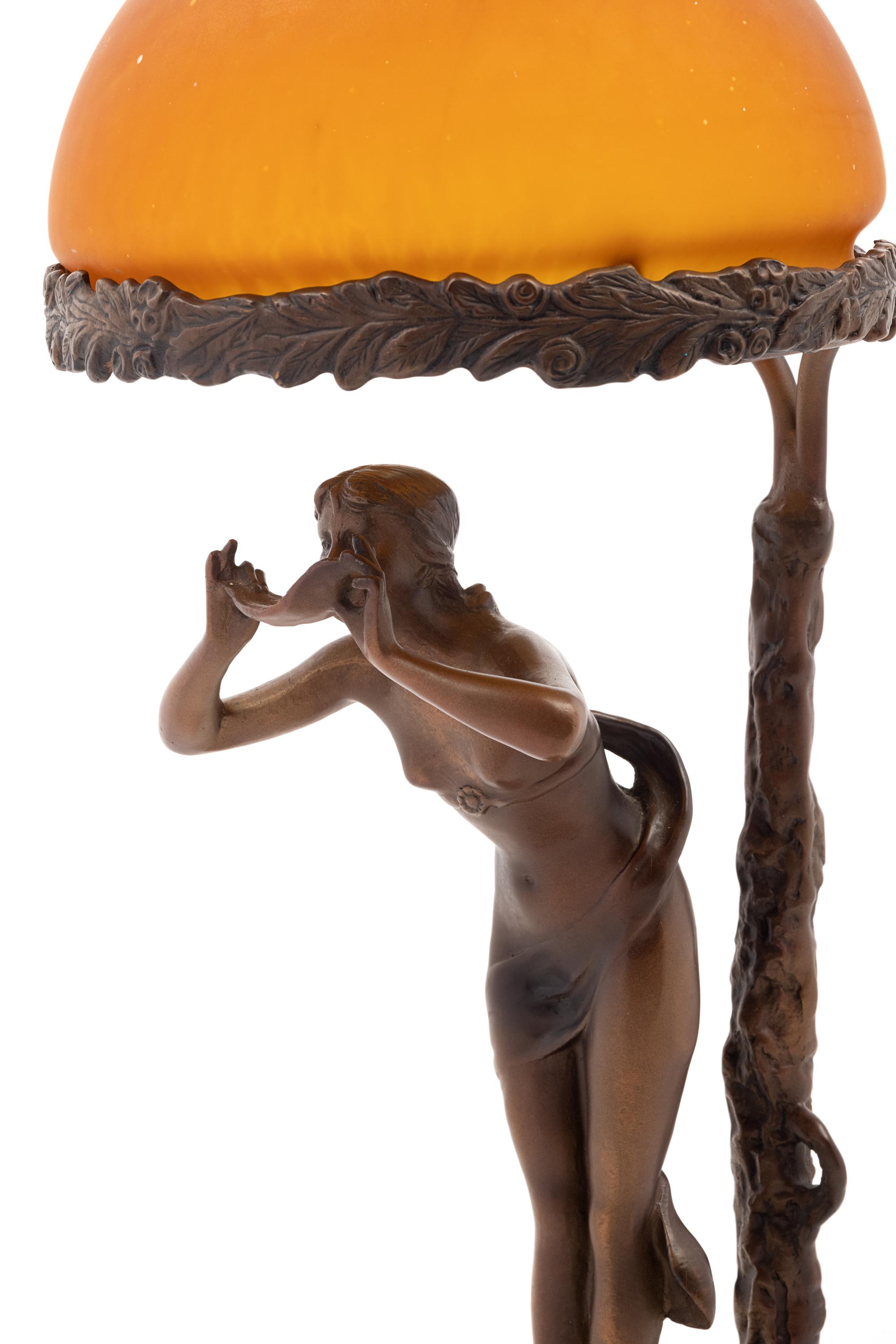 A Continental Bronze and Colored Glass Figural Lamp