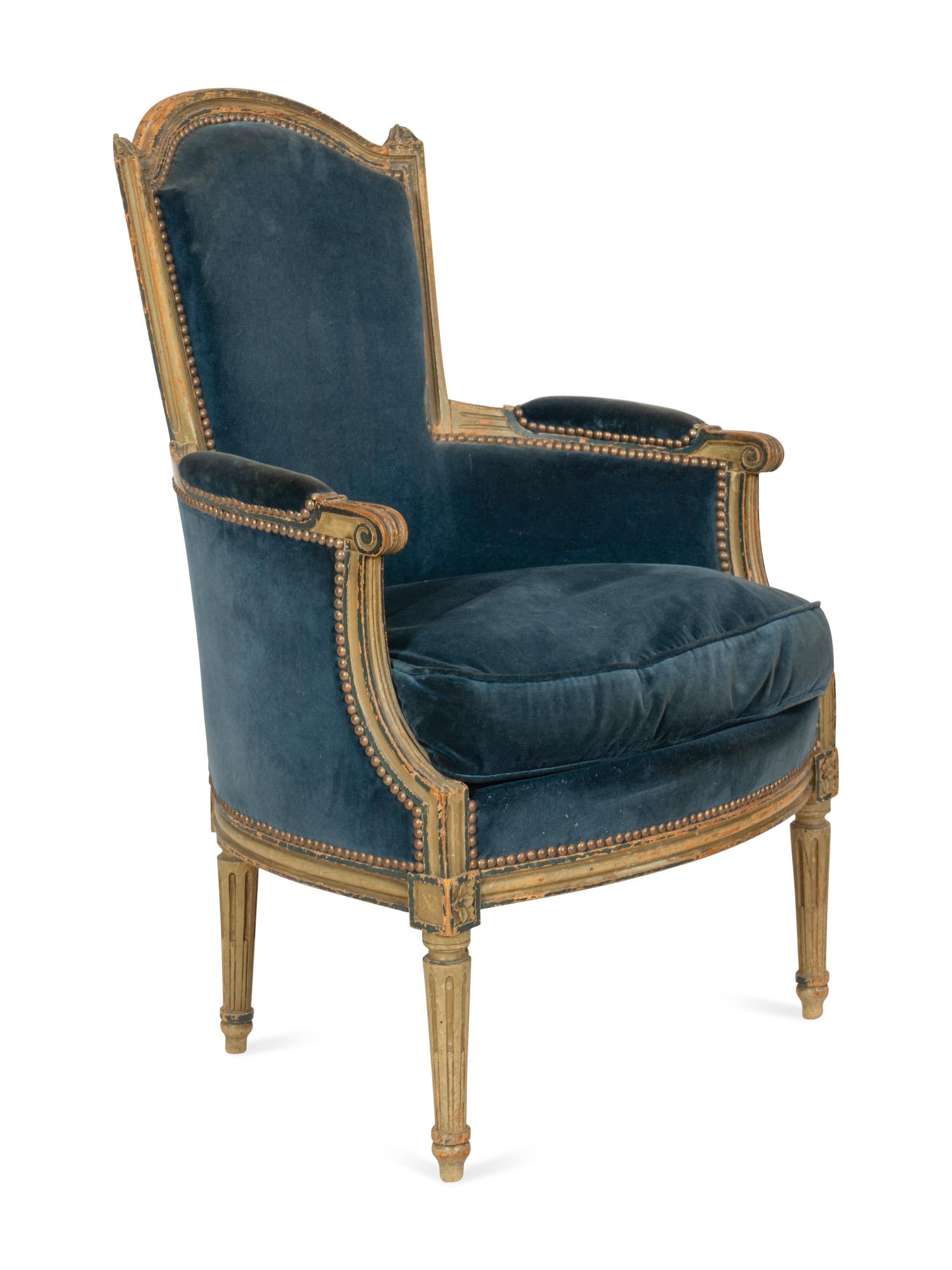 A Louis XVI Blue and Gray-Painted Beechwood Bergère
