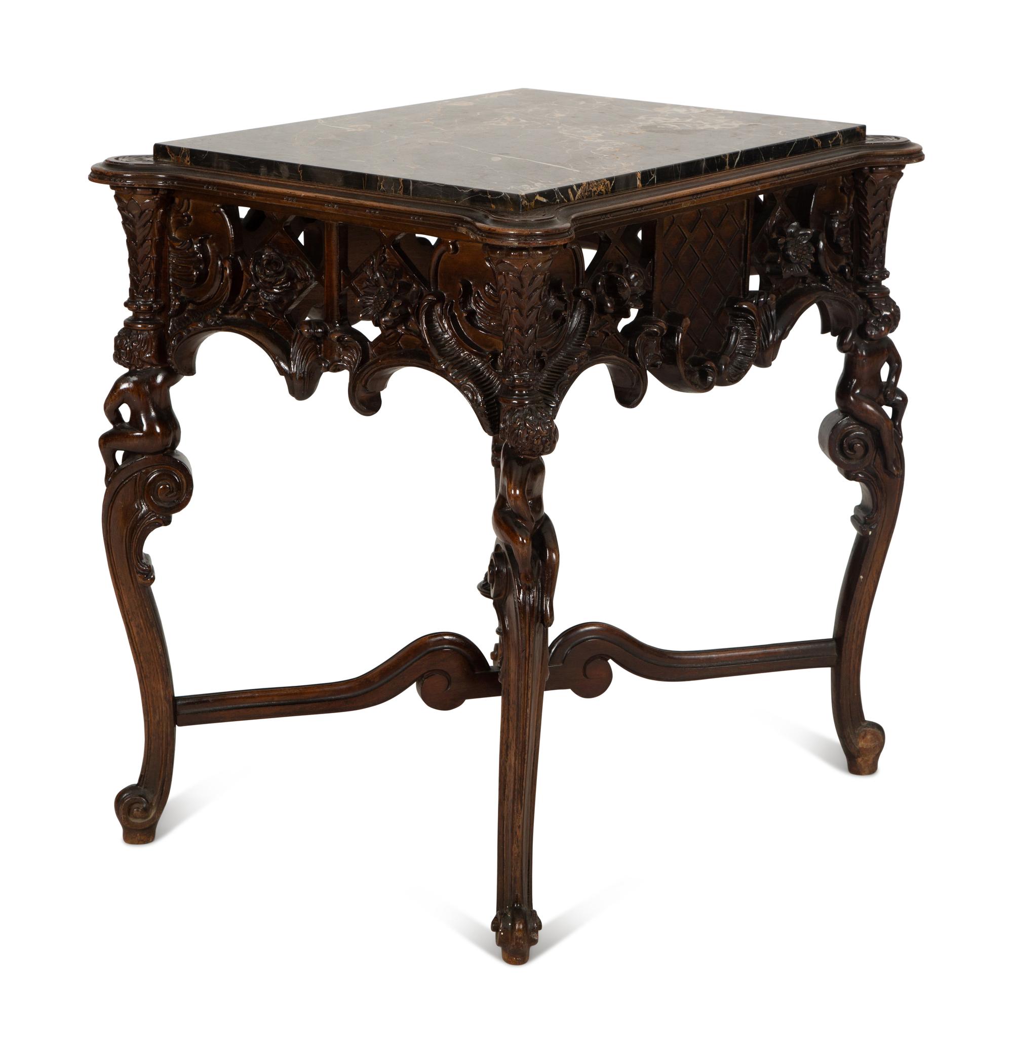 An Italian Rococo Style Carved Black Walnut Marble Top Side Table