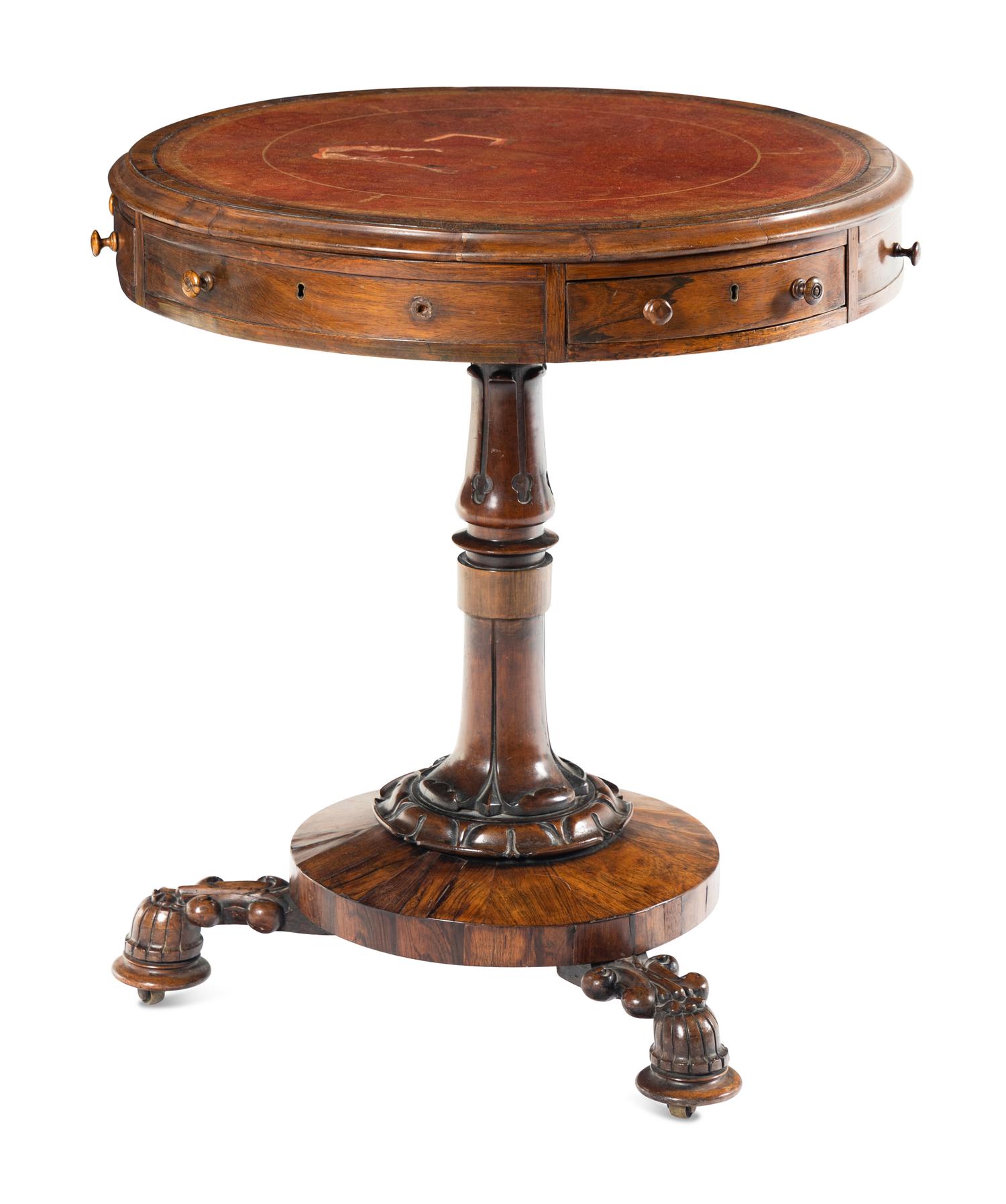 A Regency Rosewood Leather-Top Drum Table