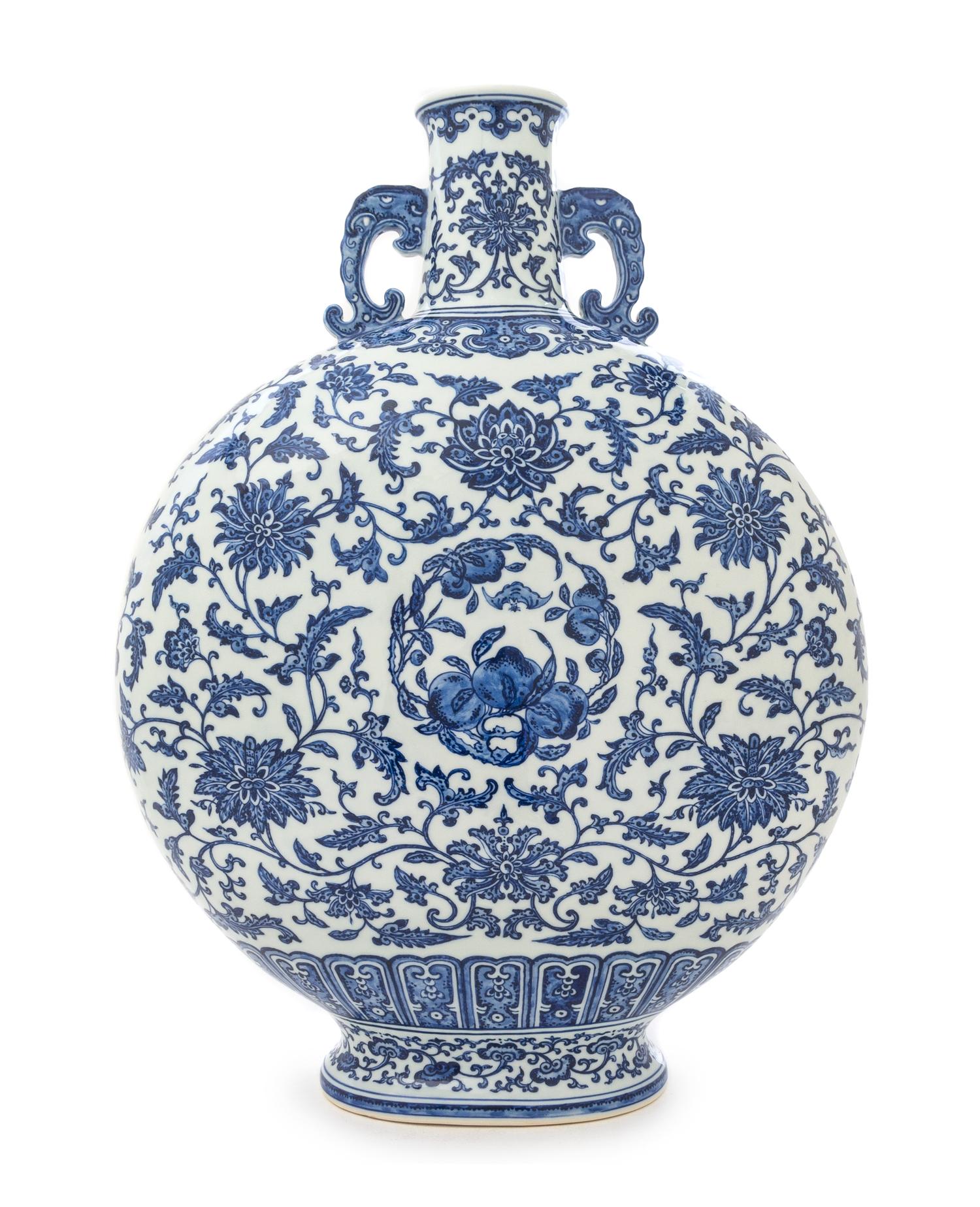 A Blue and White Porcelain Moon Flask Height 20 1/4 inches.