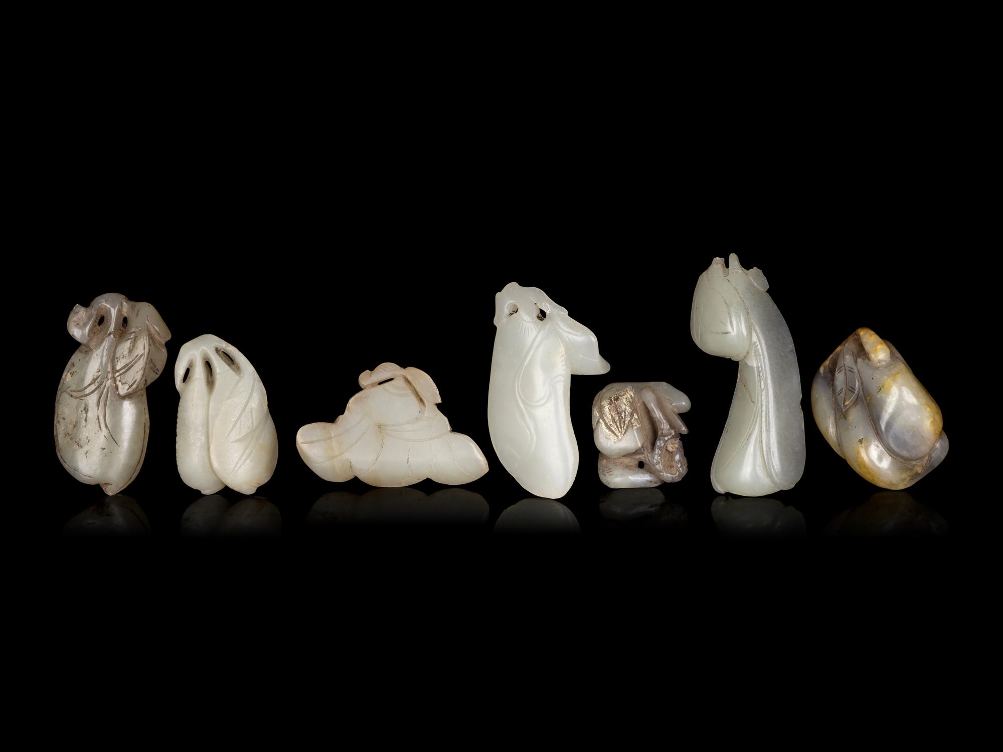 Six Chinese Celadon Jade Carved Figures of Fruits