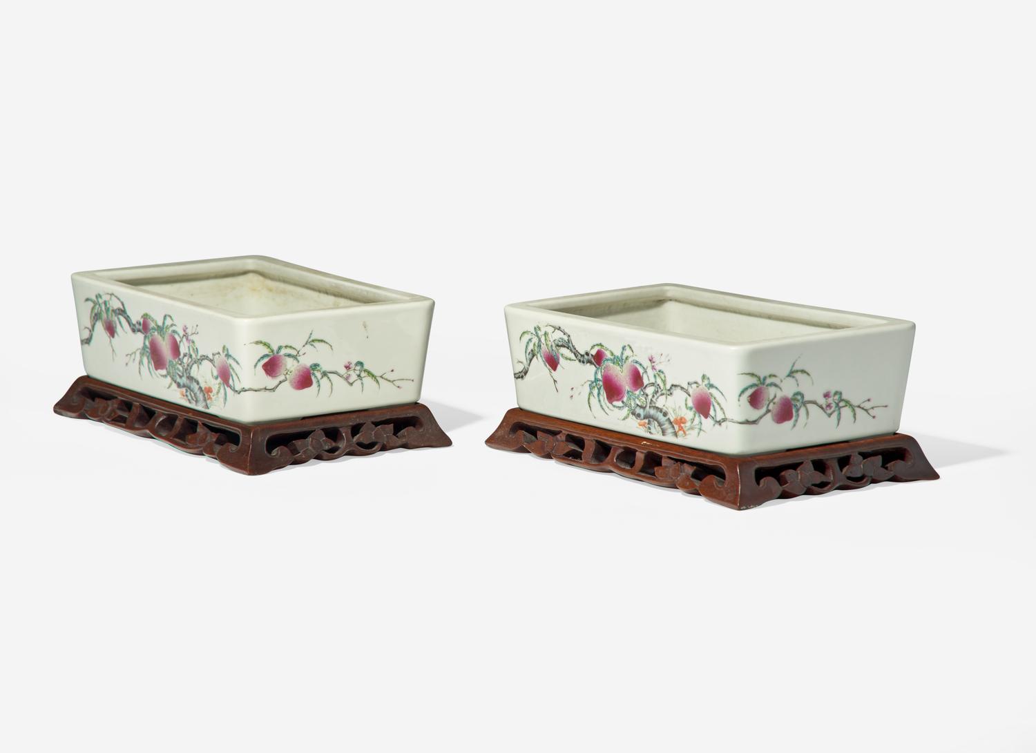 A Pair of Chinese Famille Rose Decorated 'Peaches' Rectangular Jardinieres