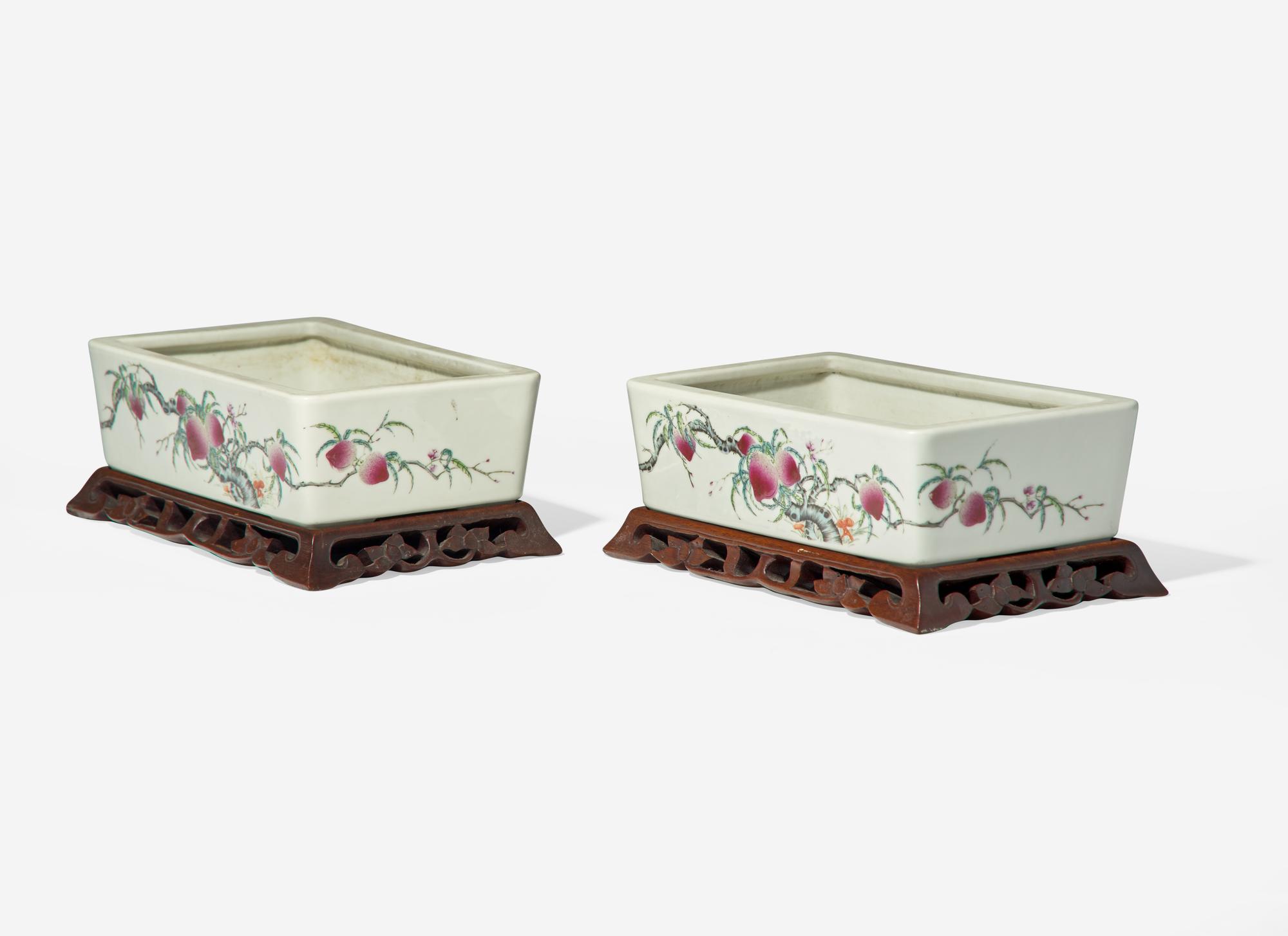 A Pair of Chinese Famille Rose Decorated 'Peaches' Rectangular Jardinieres