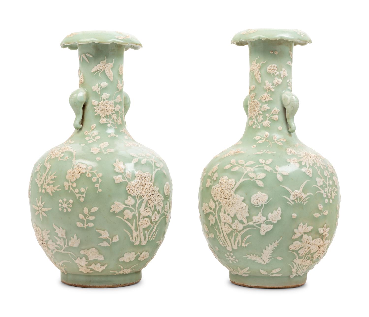 A Pair of Chinese Celadon Glazed Porcelain Vases
