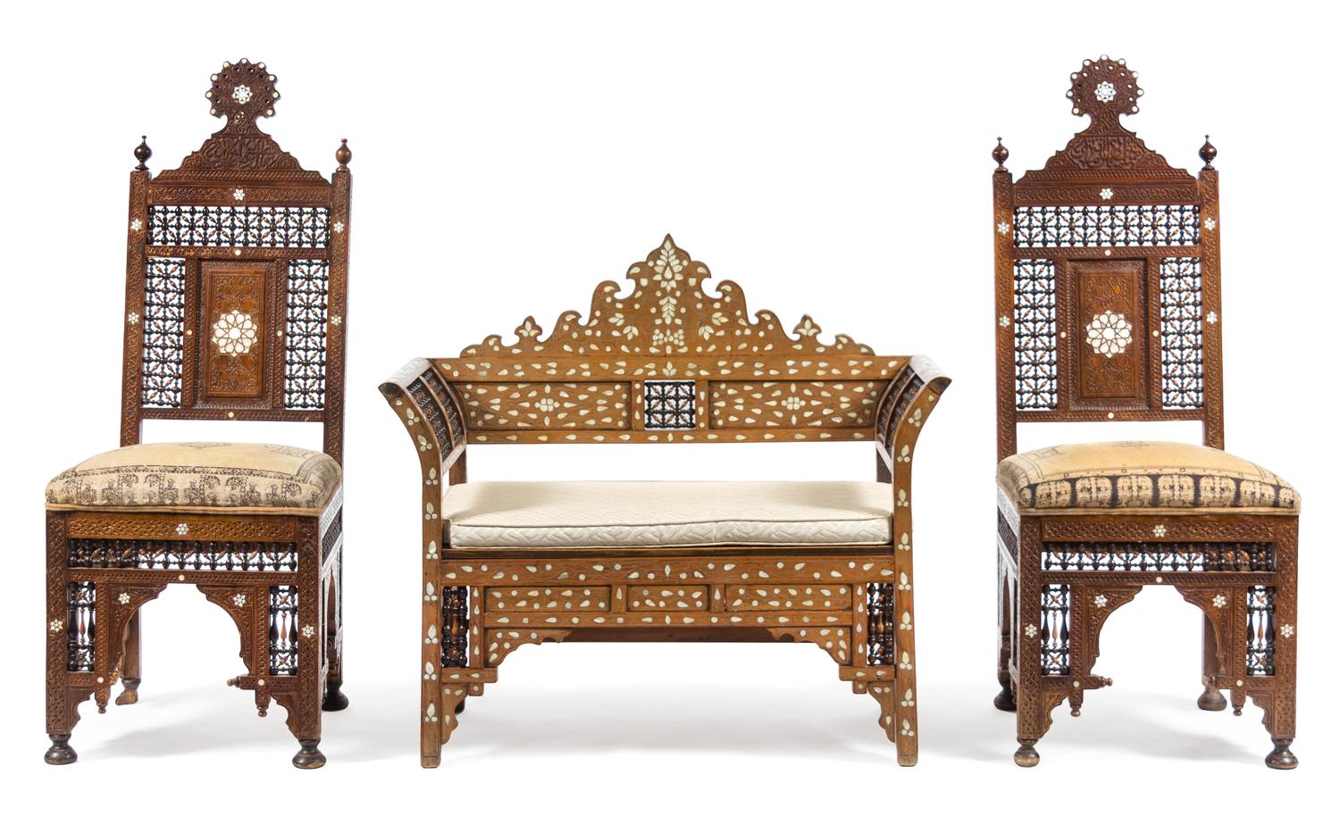 A Group of Syrian Mother-of-Pearl Inlaid Furniture Width of settee 50 inches. — LATE 19TH/EARLY 20TH CENTURY