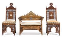 A Group of Syrian Mother-of-Pearl Inlaid Furniture Width of settee 50 inches. — LATE 19TH/EARLY 20TH CENTURY