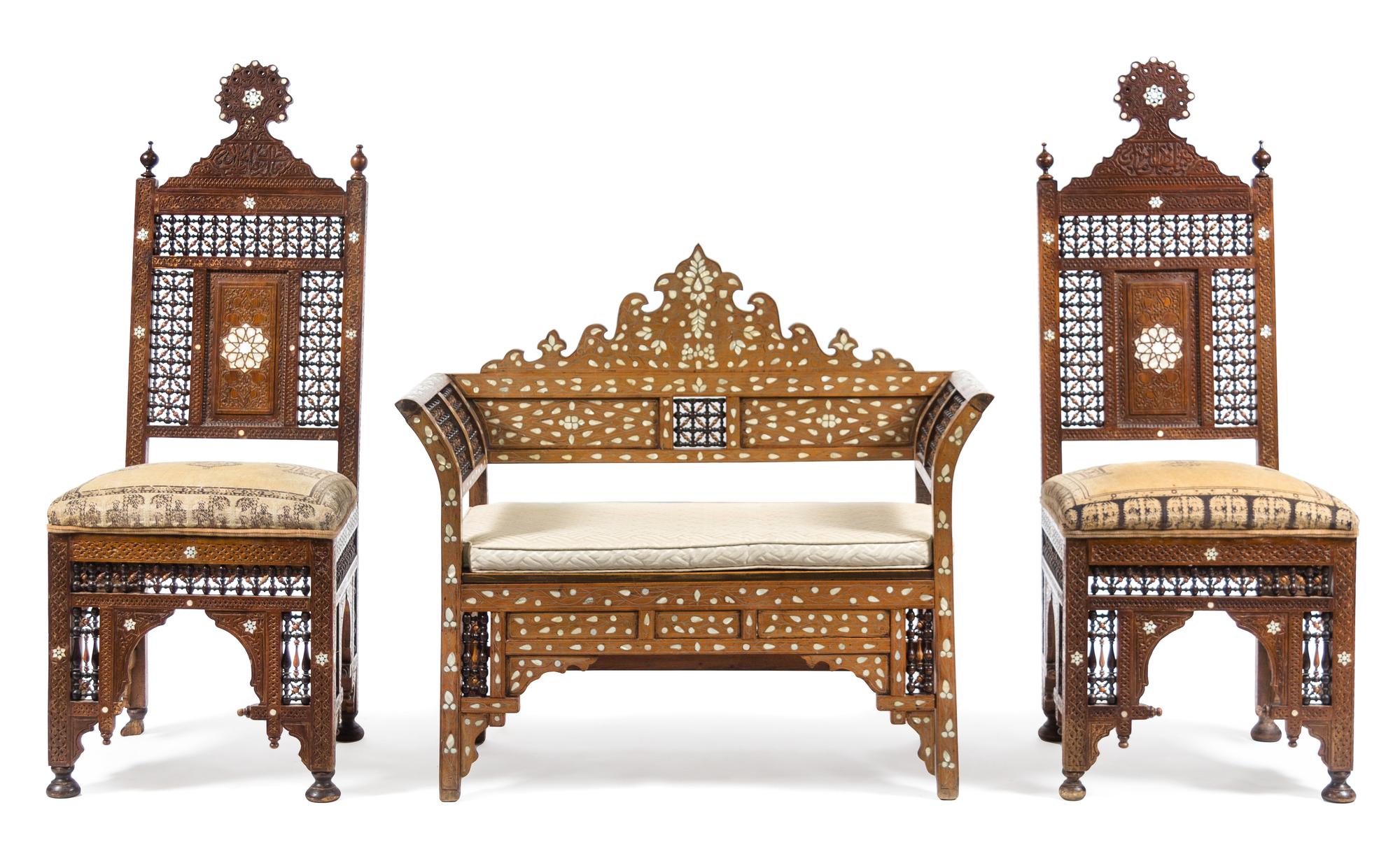 A Group of Syrian Mother-of-Pearl Inlaid Furniture Width of settee 50 inches. — LATE 19TH/EARLY 20TH CENTURY