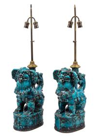 A Pair of Chinese Export Style Turquoise Glazed Table Lamps Height overall 36 inches.