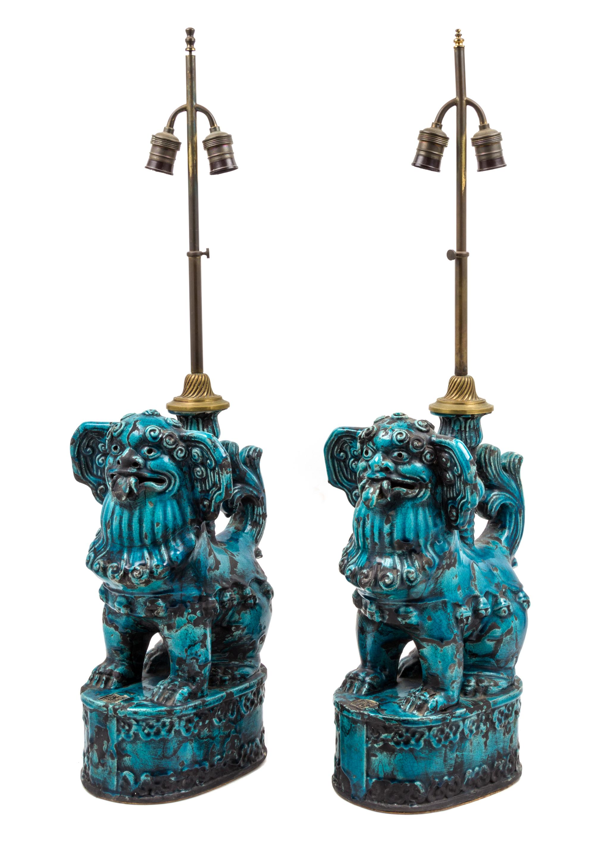 A Pair of Chinese Export Style Turquoise Glazed Table Lamps Height overall 36 inches.