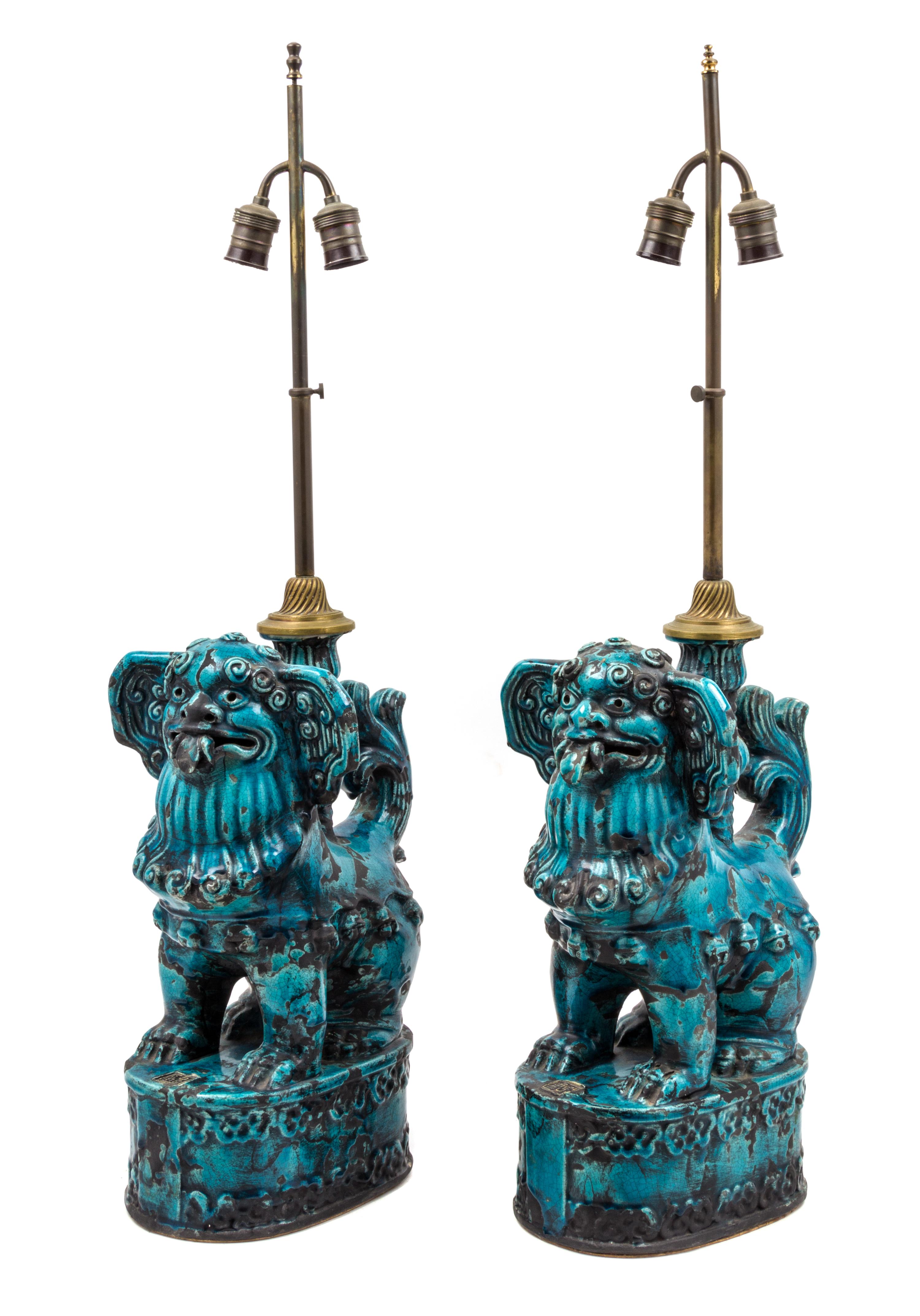 A Pair of Chinese Export Style Turquoise Glazed Table Lamps Height overall 36 inches.