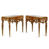 A Pair of Italian Neoclassical Style Giltwood Marble-Top Console Tables