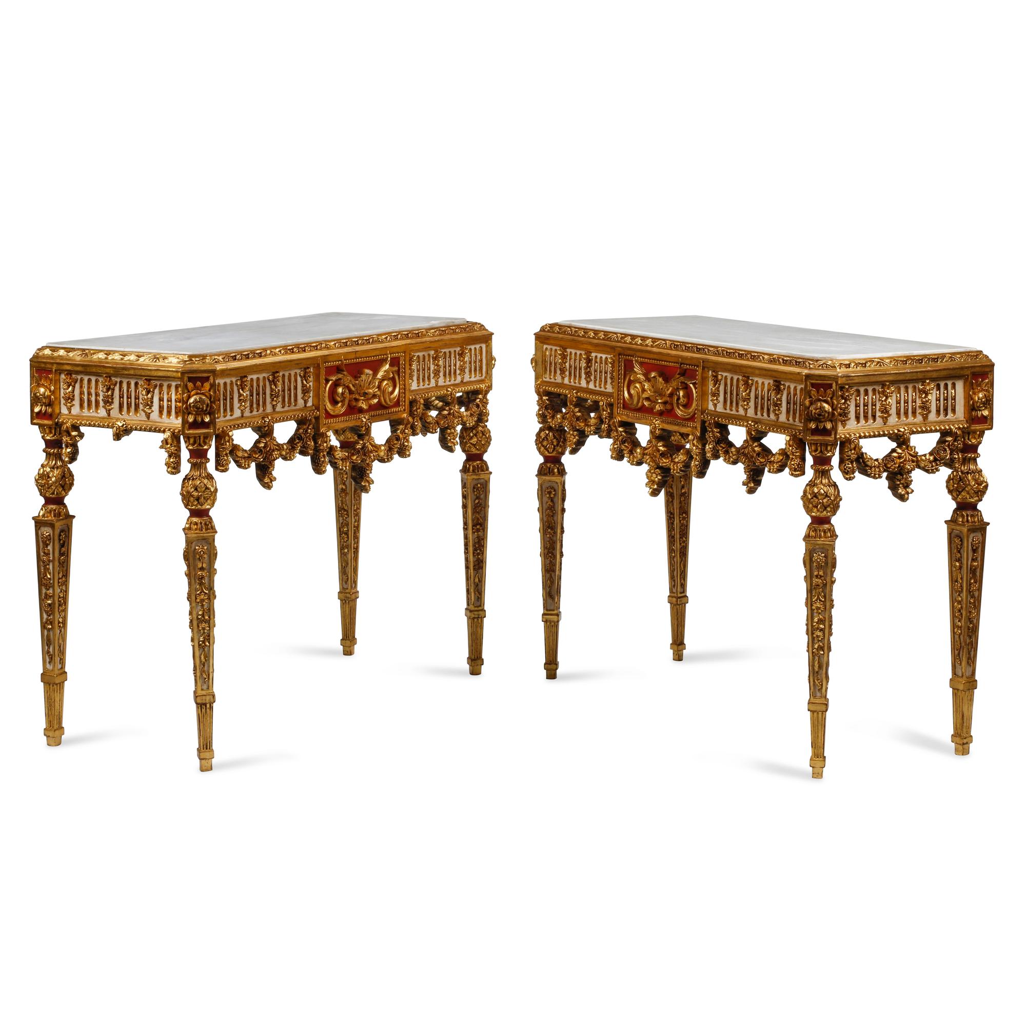 A Pair of Italian Neoclassical Style Giltwood Marble-Top Console Tables