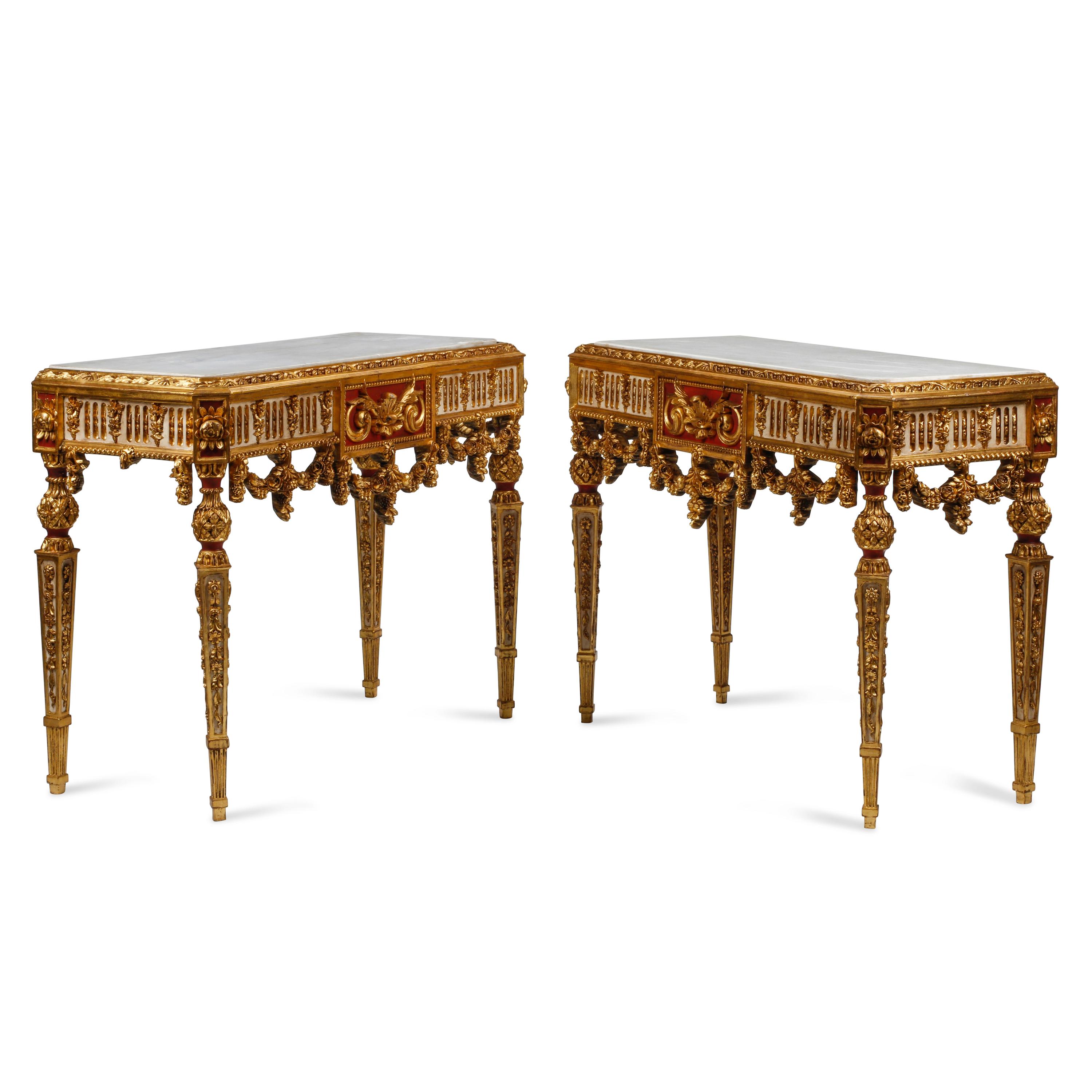A Pair of Italian Neoclassical Style Giltwood Marble-Top Console Tables