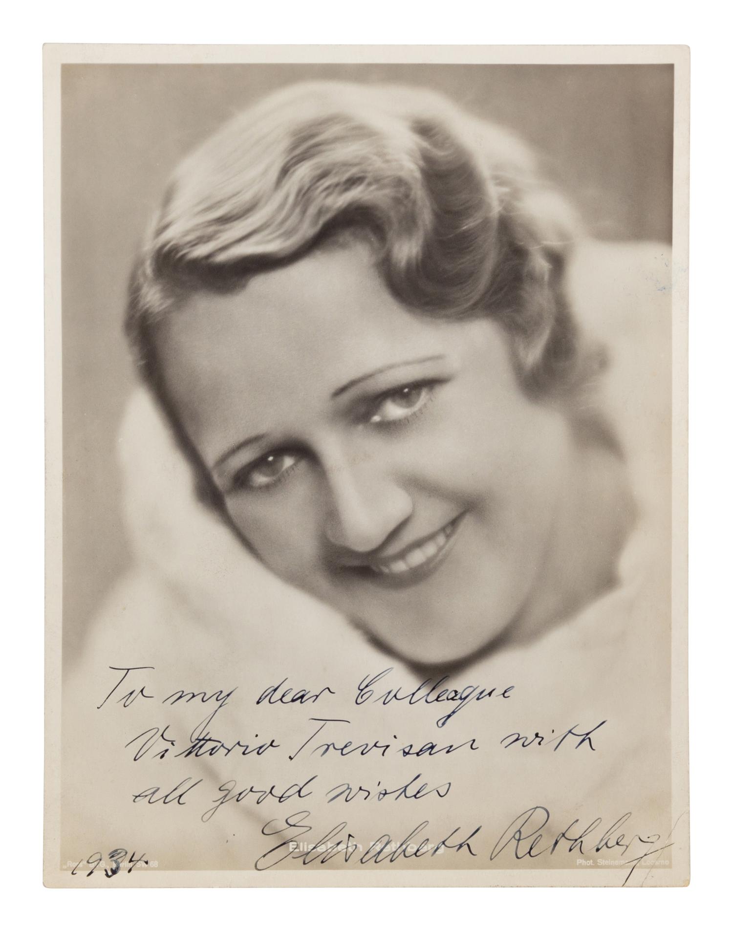 [20TH-CENTURY OPERA SINGERS]. A group of 5 photographs or photographic prints of opera singers from the 1930s, most signed, comprising images of: