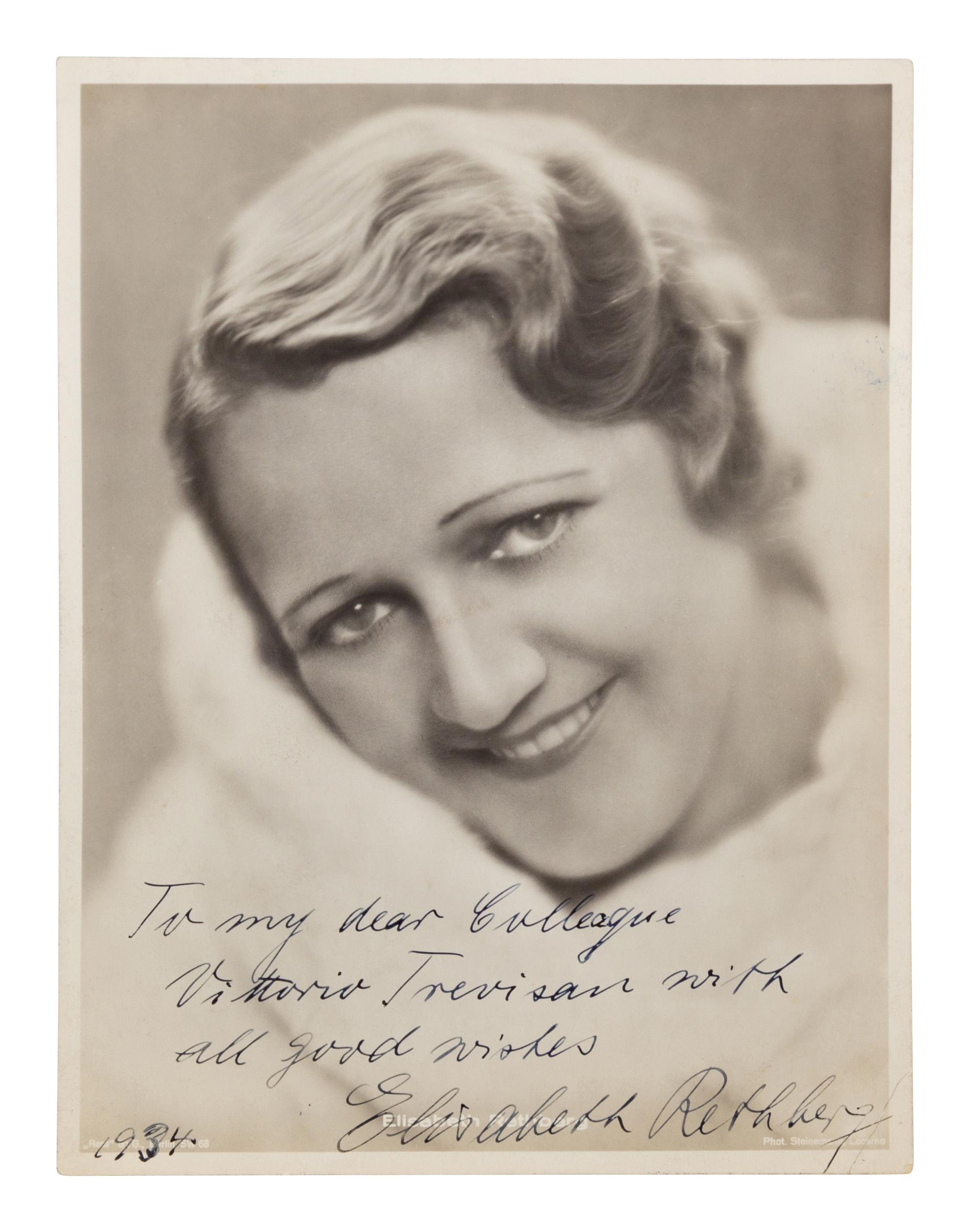 [20TH-CENTURY OPERA SINGERS]. A group of 5 photographs or photographic prints of opera singers from the 1930s, most signed, comprising images of: