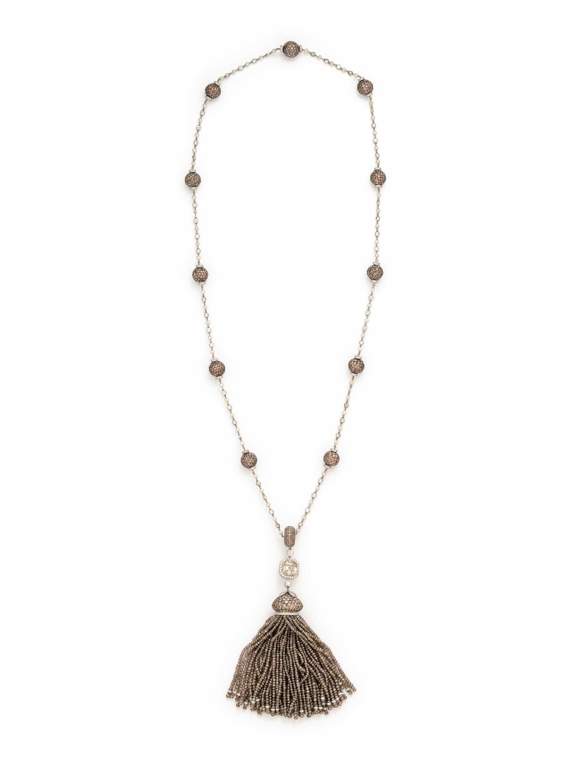 EVELYN CLOTHIER, COLORED DIAMOND, DIAMOND AND CULTURED PEARL TASSEL NECKLACE
