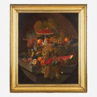 Attributed to Severin Roesen (American, 1815-1872) Still Life with Fruit, Wine Glass on Marble Ledges