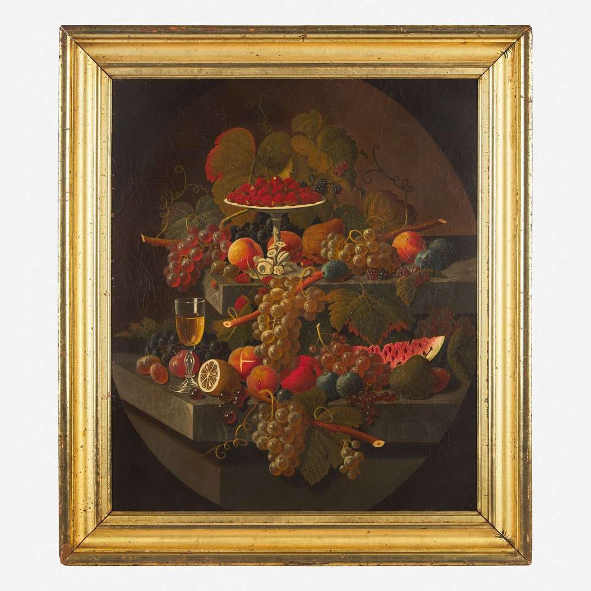 Attributed to Severin Roesen (American, 1815-1872) Still Life with Fruit, Wine Glass on Marble Ledges