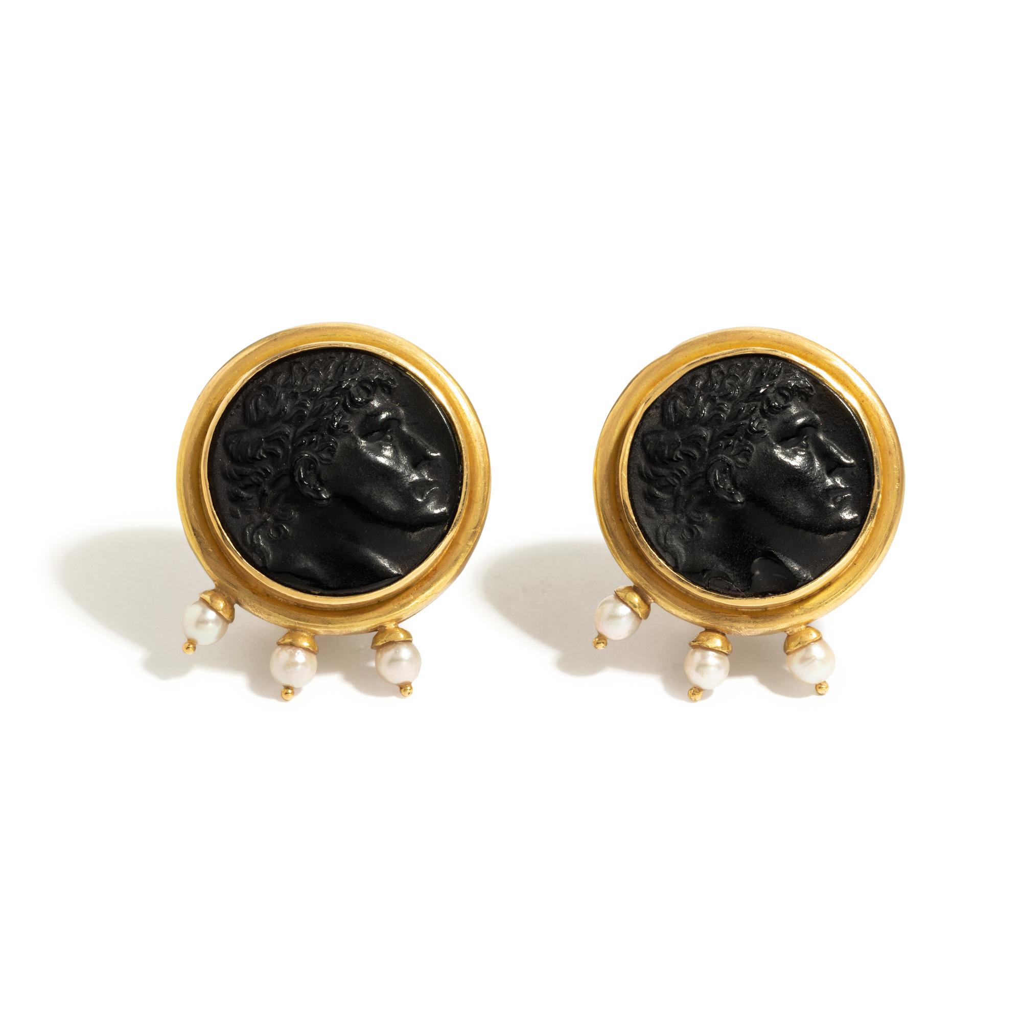 ELIZABETH LOCKE, YELLOW GOLD, CULTURED PEARL AND GLASS CAMEO EARCLIPS