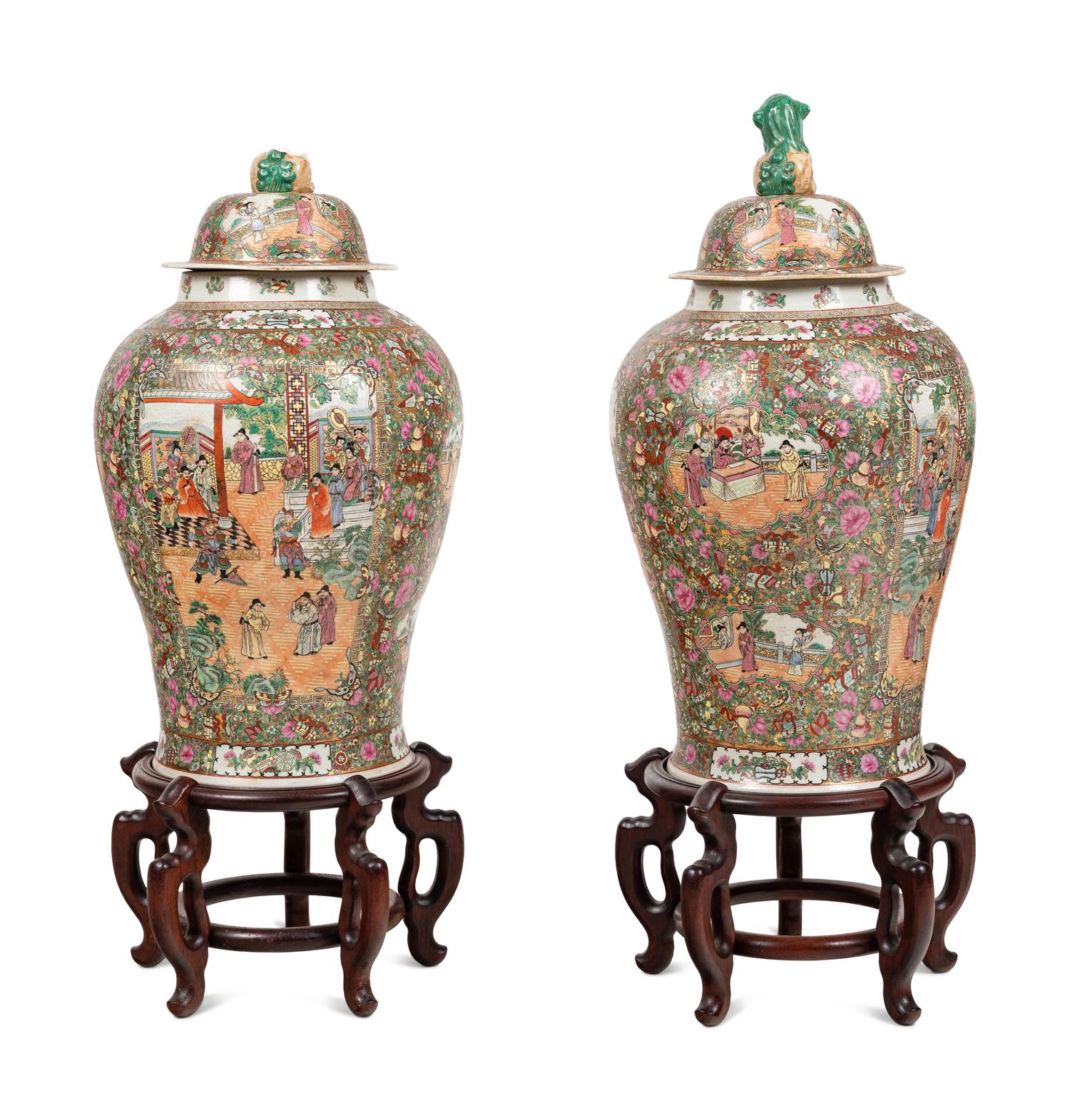 A Pair of Large Chinese Export Rose Medallion Porcelain Jars
