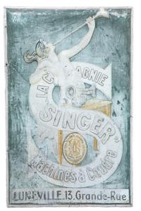 A Belle Epoch Pressed Tin Singer Sewing Machines Advertising Sign Height 46 3/4 x width 29 1/2 inches. — 19TH CENTURY