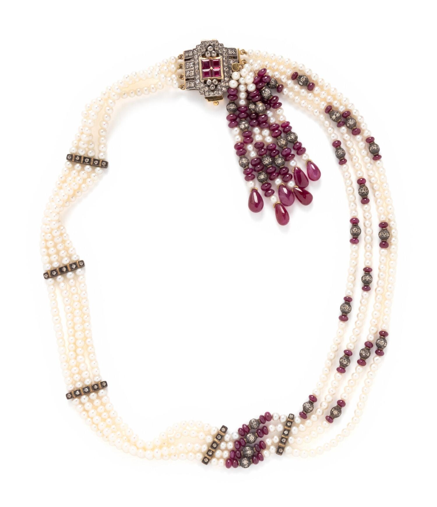 Cultured Pearl, Ruby, and Diamond Tassel Necklace
