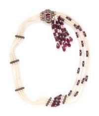 Cultured Pearl, Ruby, and Diamond Tassel Necklace