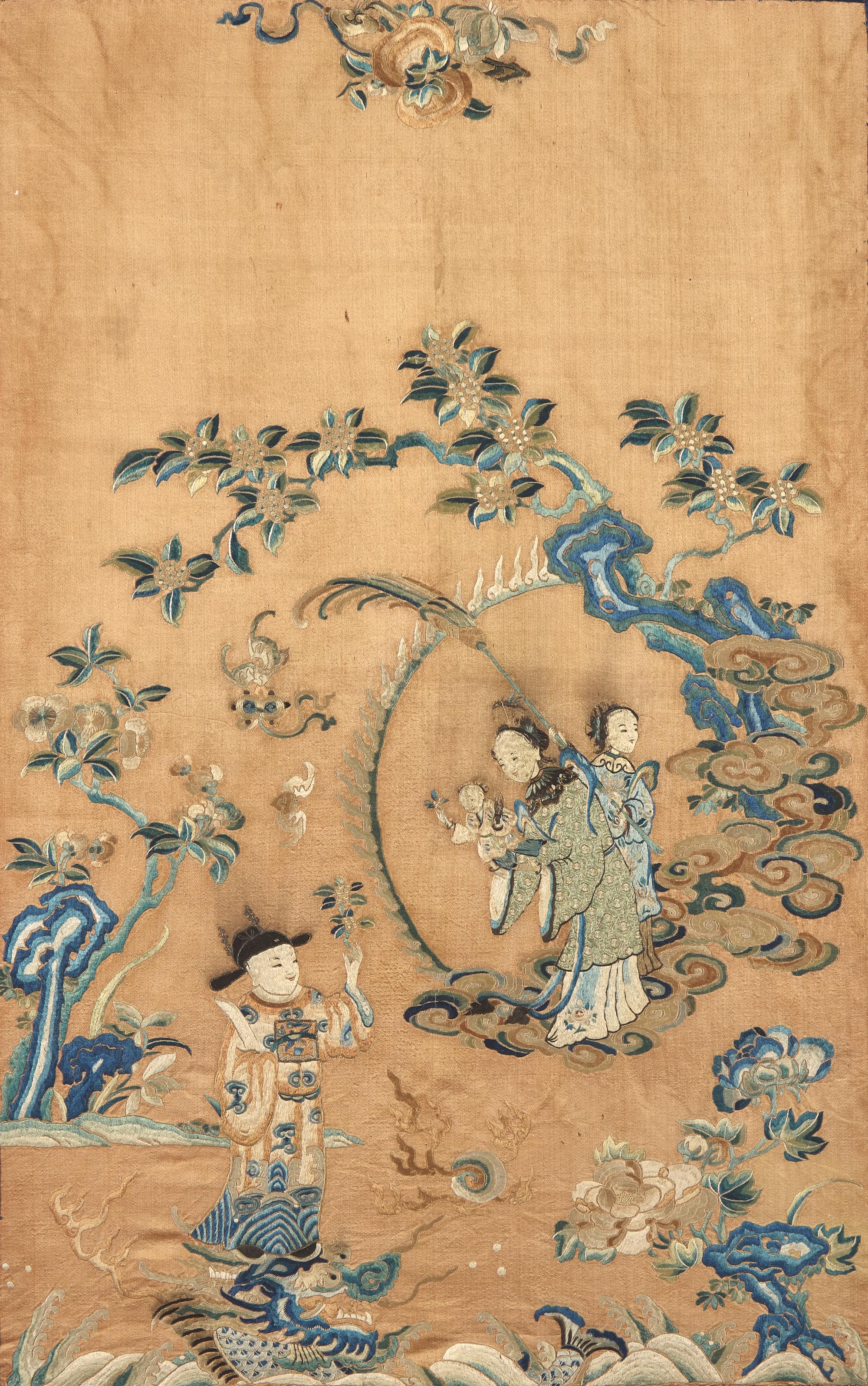 A Chinese Apricot Ground Embroidered Silk 'Scholar's Achievement' Panel, Suzhou, 18th/19th Century — 清中期 杏子地綉庭院行樂圖鏡框一幅