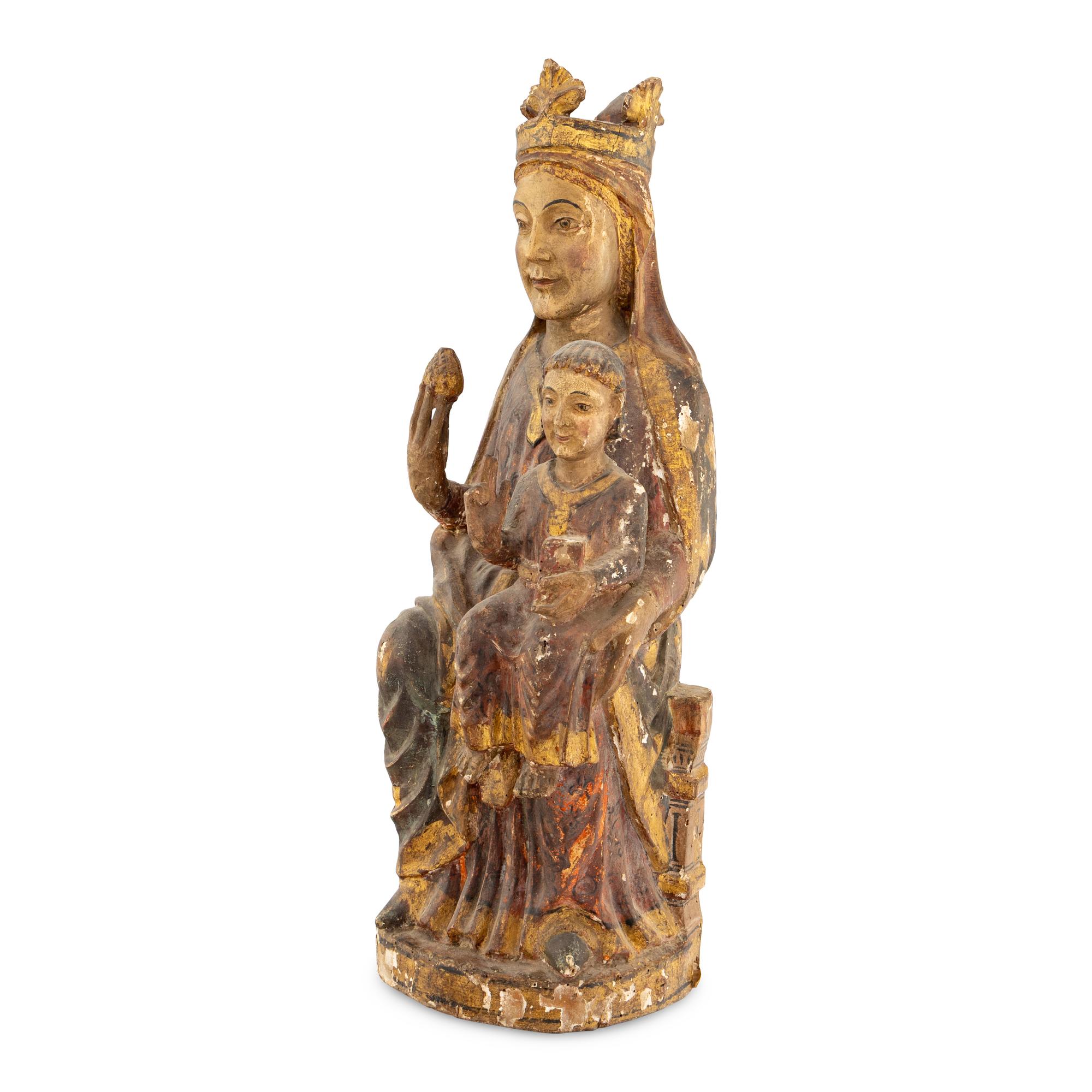 A Swabian Carved and Polychrome Decorated Figural Group of the Virgin and Child Enthroned