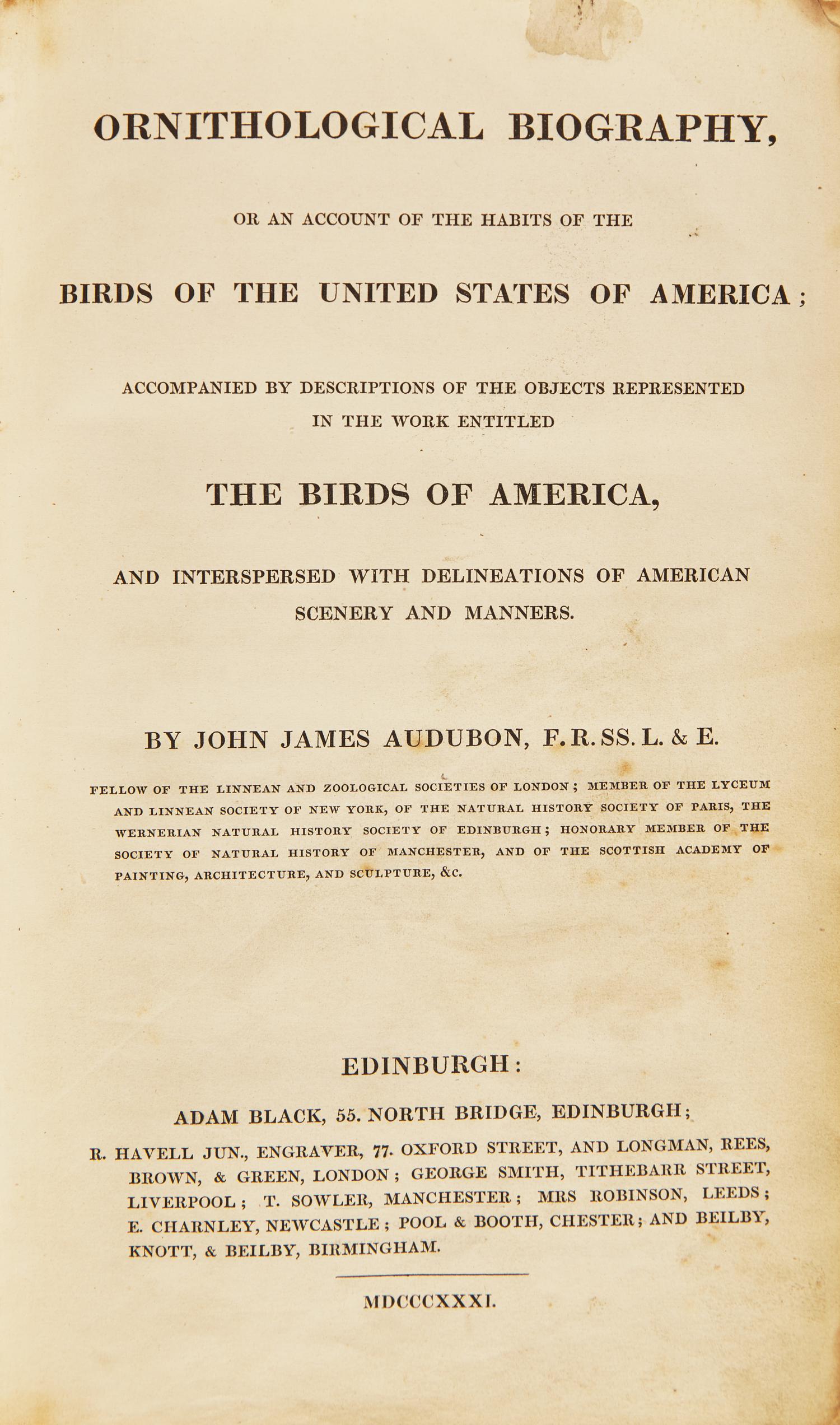 [Natural History] Audubon, John James. Ornithological Biography, Or An Account of the Habits of the Birds of the United States of America...