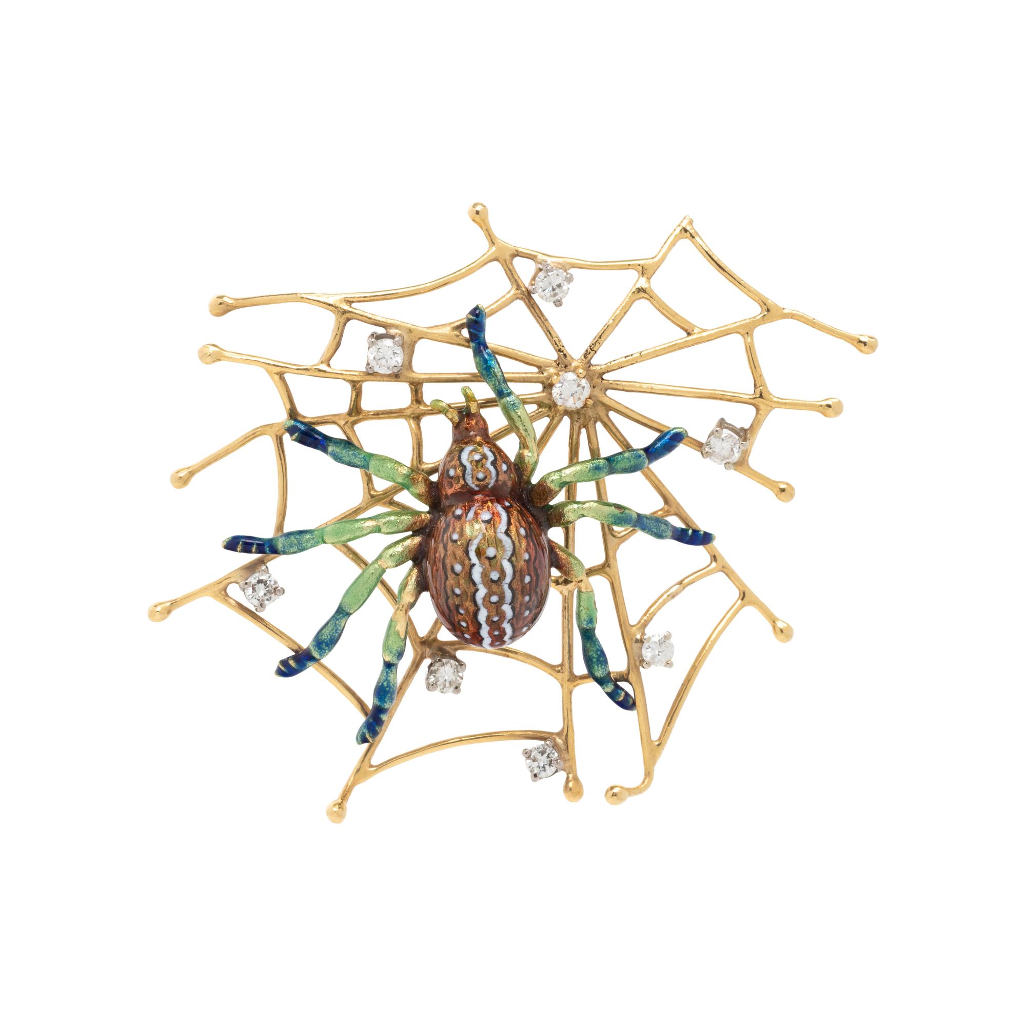 YELLOW GOLD, DIAMOND AND ENAMEL SPIDER BROOCH