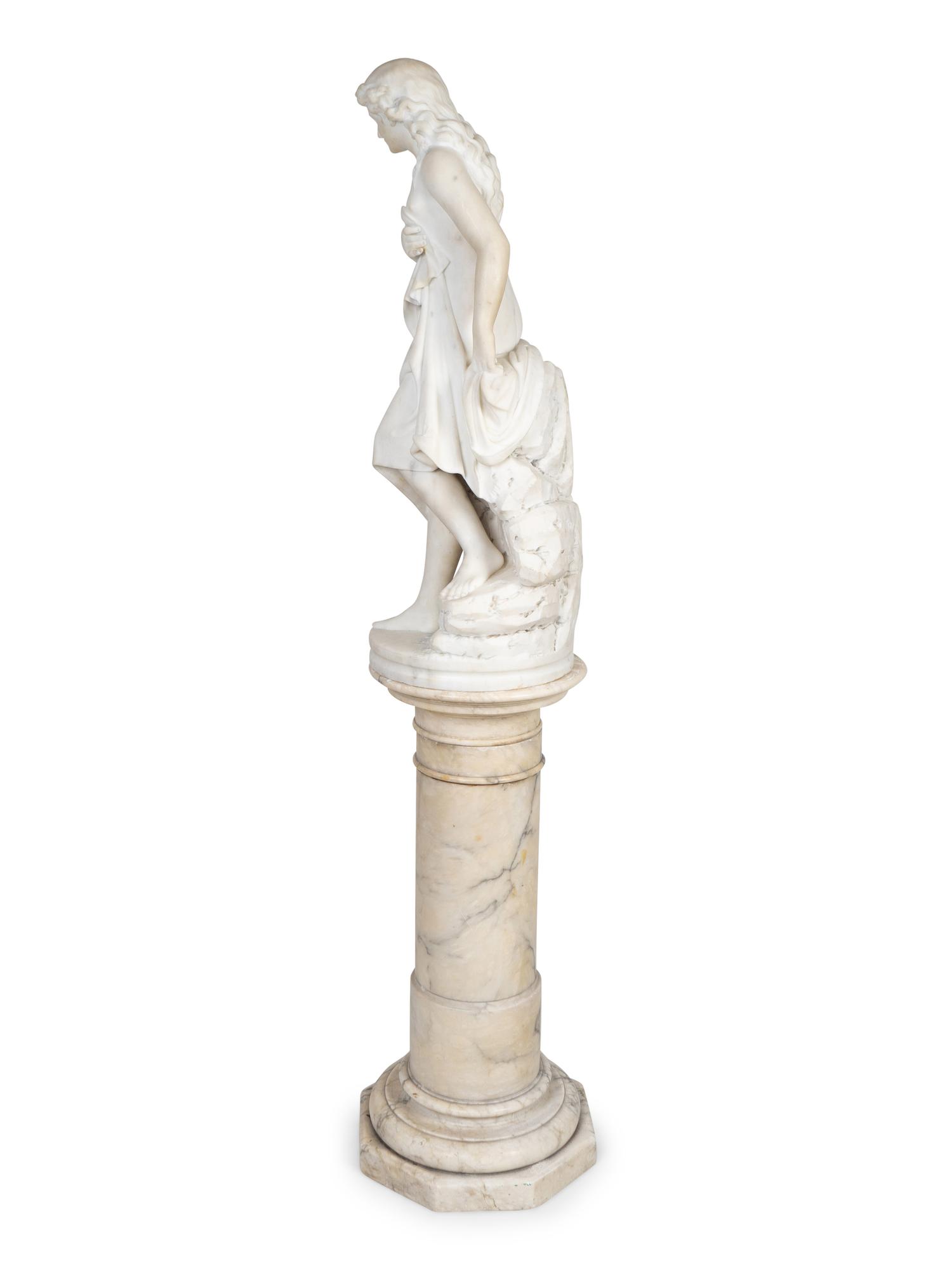 A Continental Marble Figure of a Female Bather on Pedestal — 19TH CENTURY
