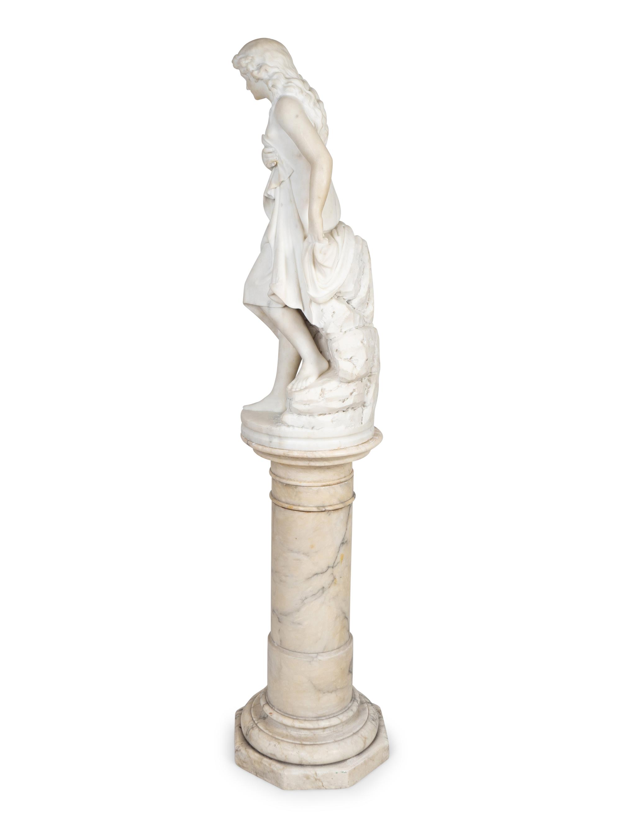 A Continental Marble Figure of a Female Bather on Pedestal — 19TH CENTURY