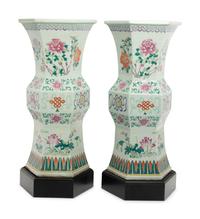 A Pair of Large Chinese Famille Rose Porcelain Hexagonal Gu -Form Stands